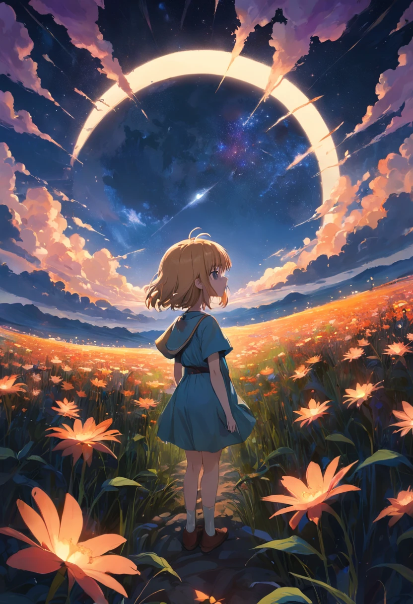 Expansive landscape photograph,(look from down,Above is the sky,Below are open fields),A little girl stood on a flower field and looked up,(moon full:1.2),(meteors:0.9),(Starcloud:1.3),Far Mountain, Tree BREAK making art,(Warm light source:1.2),(glowworm:1.2),lamp lights,Lots of purple and orange,Complicated details,Volumetric lighting BREAK(tmasterpiece:1.2),(best qualtiy),4K,ultra - detailed,(dynamic compositions:1.4),detail-rich,plethora of colors,(Irridescent color:1.2),(with light glowing,Atmospheric lighting),dream magical,magical,(独奏:1.