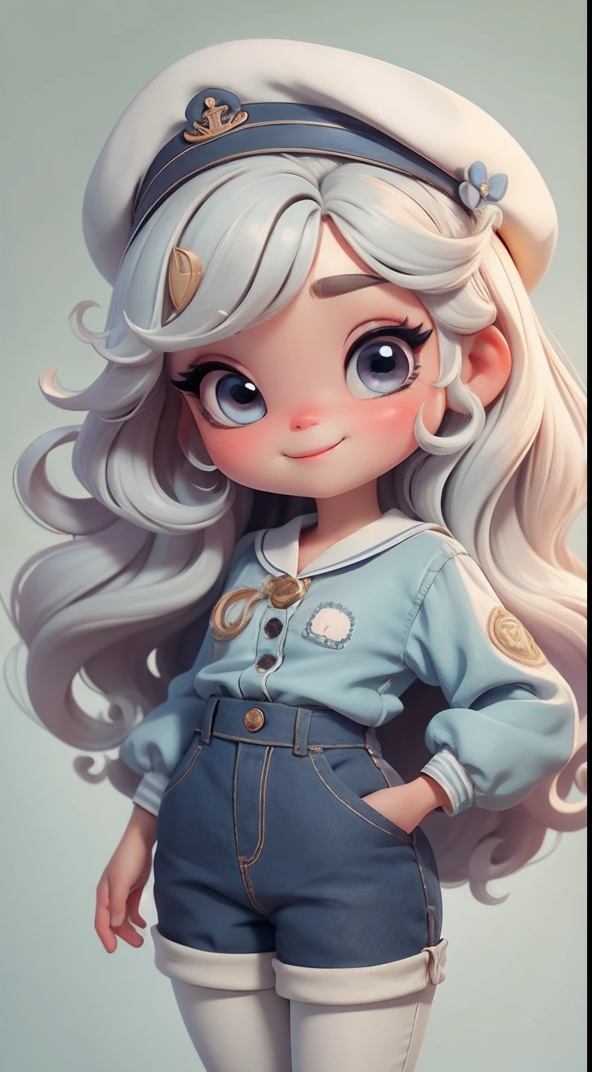 Create a series of cute cute baby chibi style dolls with a cute sailor theme, each with lots of detail and in an 8K resolution. All dolls should follow the same solid background pattern and be complete in the image, mostrando o (corpo inteiro, incluindo as pernas: 1.5)
Boneca Mini marinheiro: Chame-a de Marina. Ela deve ter cabelo pequeno em tom multicolorido. Seus olhos devem ser grandes e expressivos, with long eyelashes and rosy cheeks. Sorriso delicado e branco. Marina deve estar vestida com uma camisa, Camiseta, trousers and an ornate sailor's hat. She must hold navigation accessories. Certifique-se de adicionar detalhes nas roupas, such as buttons and pockets, sapato bonito
Certifique-se de adicionar sombras, texturas e detalhes nos cabelos, roupas, Safari utensils, to make them even more adorable and charming.