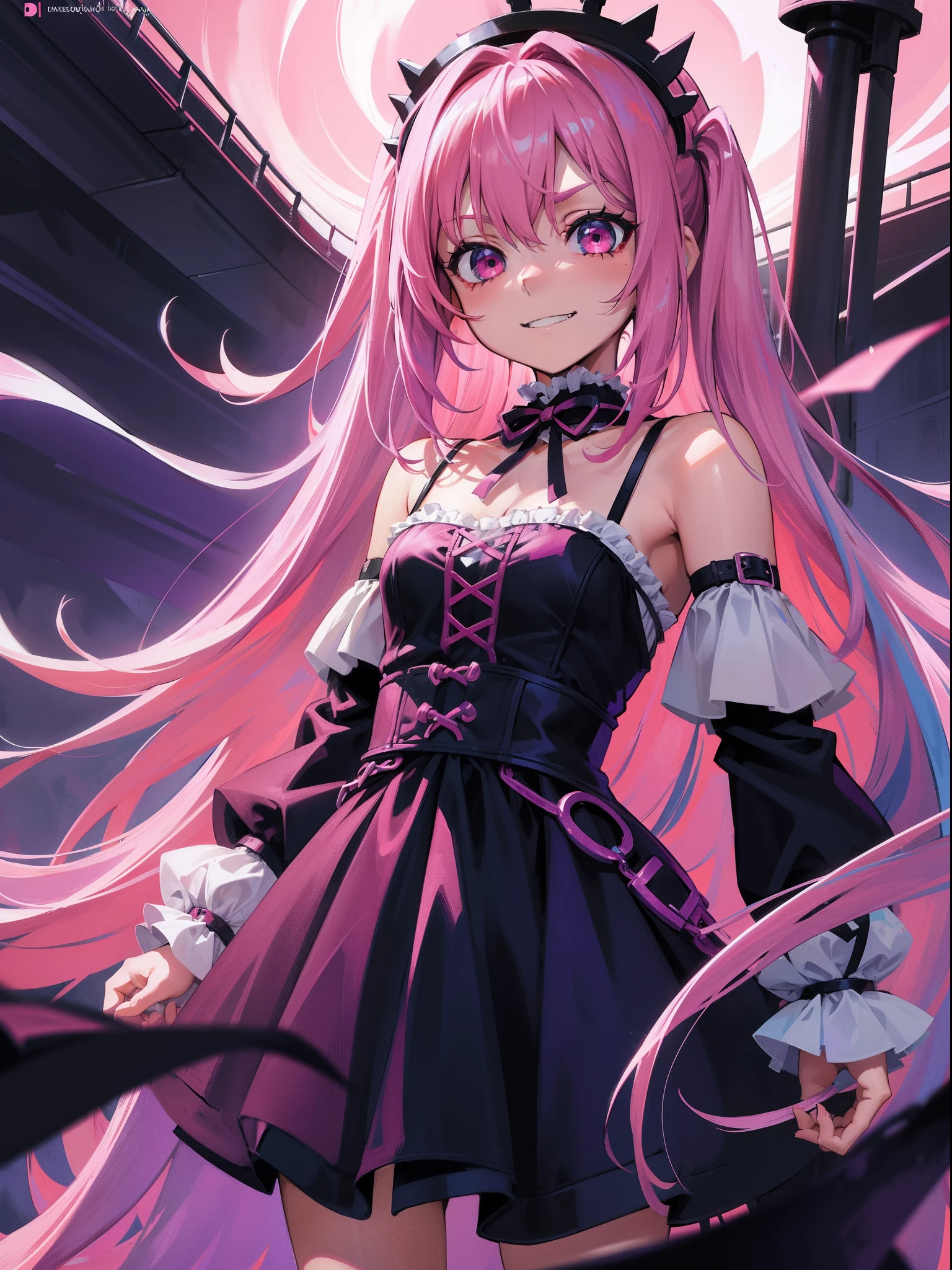 A pink-haired,The hair is a little blue,teens girl,long whitr hair,Evil laughter,Sick,Gothic,red color eyes