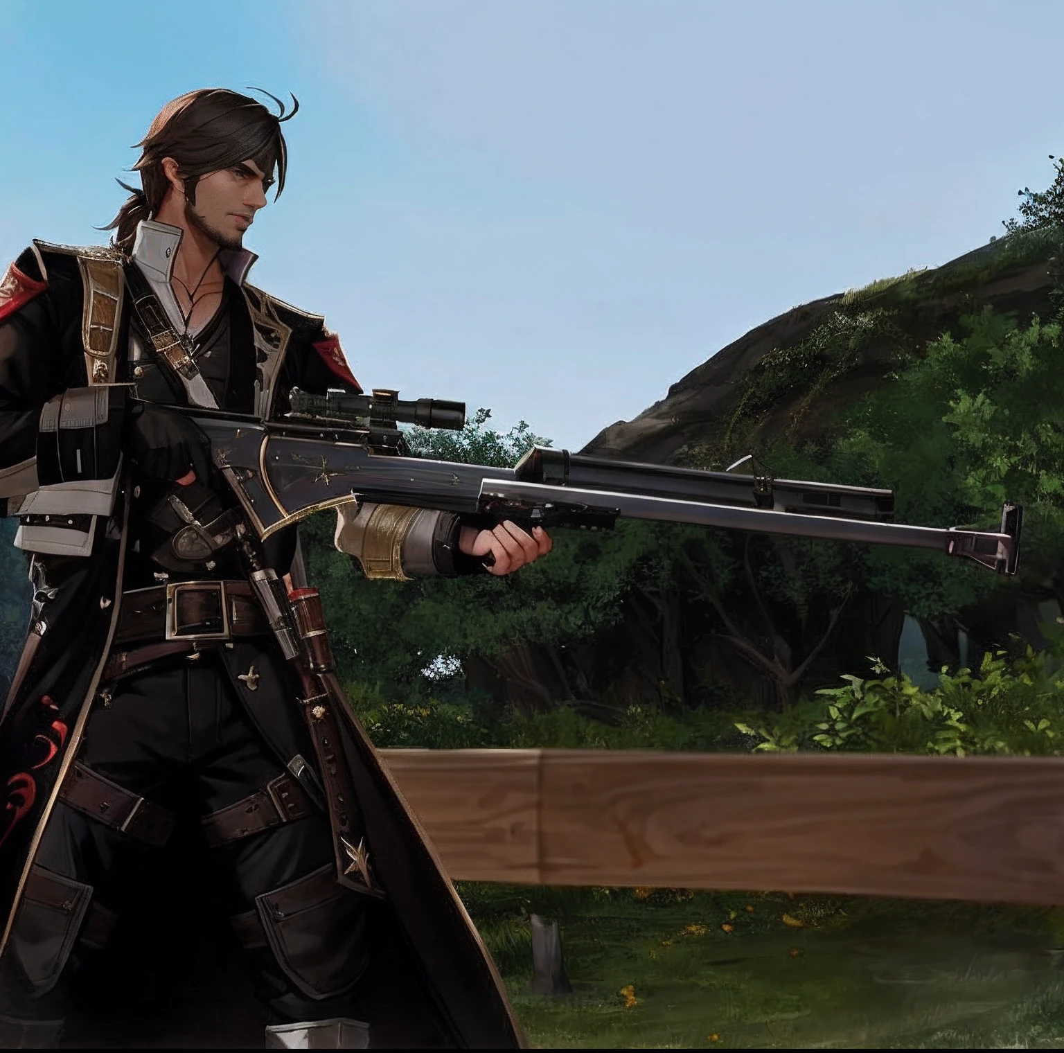 Allahed image of a man with a gun in a video game, Have a huge arsenal, swashbuckler class pirate, from lineage 2, <mmorpgs scene, from ncsoft, ingame image, dual wielding large revolvers, final fantasy 14 style, with hand crossbow, holding jagged scimitar, in-game