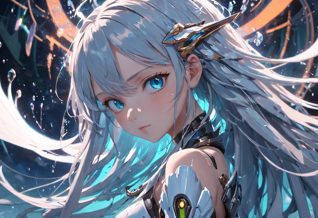 The best quality, high resolution, detailed 8k CG, masterpiece, amazing art, fine details, high details, complex details, long hair, girly feeling, Big watery eyes ,Delicate and delicate eyes, pure desire, lovely, young and beautiful, immortal,Flying ,,light and shadow, light,Gorgeous clothes,Cyberpunk, mecha girl, mechanical body,starry sky,A massive celestial body,Mechanical wing