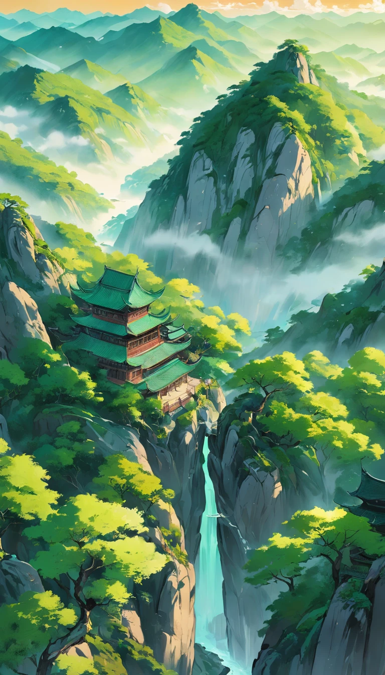 Chinese Landscape Ink Painting High Angle Perspective OC Rendered Sculpture, green trees and green hills, morning vibes with sun, 4K