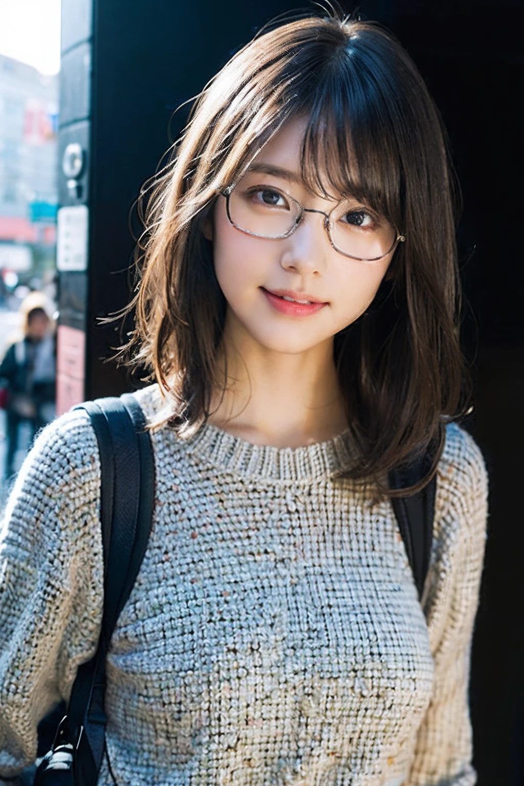 (8K、Raw photography、top-quality、​masterpiece:1.2)、(realisitic、Photorealsitic:1.37)、ultra-detailliert、超A high resolution、女の子1人、see the beholder、beautifull detailed face、A smile with a little visible teeth、Constriction、(Slim waist) :1.3)、((pastel clothing))、Beautiful detailed skin、Skin Texture、Floating hair、large breasts with good shape、Professional Lighting、In front of the station at noon、((Black square glasses))、Whole human body、Black hair、((Have a small rucksack))、With a wave of her hand、