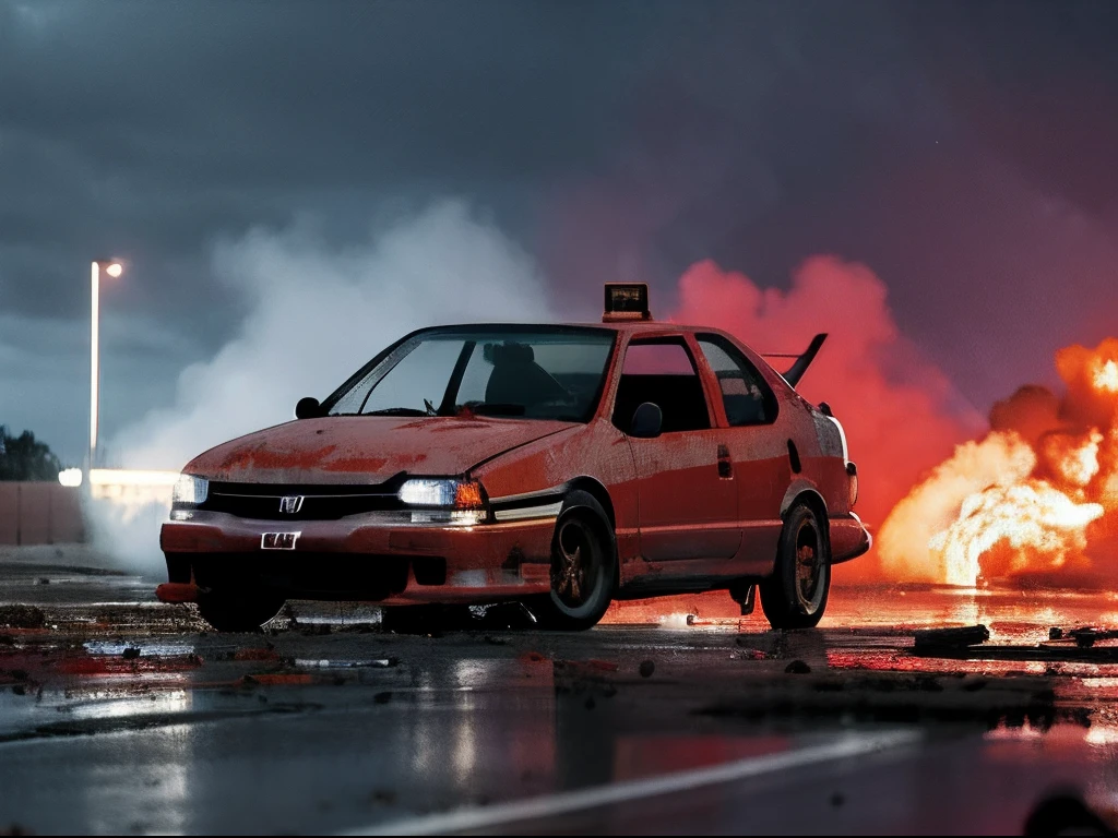 Cinematic Shot, Honda Civic Clear Wet vermelho, Rodas ajustadas helloflush, Post apocalyptic [Stadium destroyed,back angle, taken by IMAX 65mm camera, [ensolarado], Hiper-detalhado --AR 21:9 --estilo cru