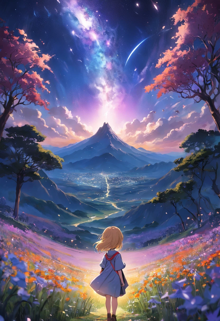 Expansive landscape photograph,(look from down,Above is the sky,Below are open fields),A little girl stood on a flower field and looked up,(moon full:1.2),(meteors:0.9),(Starcloud:1.3),Far Mountain, Tree BREAK making art,(Warm light source:1.2),(glowworm:1.2),lamp lights,Lots of purple and orange,Complicated details,(best qualtiy),4K,ultra - detailed,(dynamic compositions:1.4),detail-rich,plethora of colors,(Irridescent color:1.2),(with light glowing,Atmospheric lighting),dream magical,magical,(独奏:1.