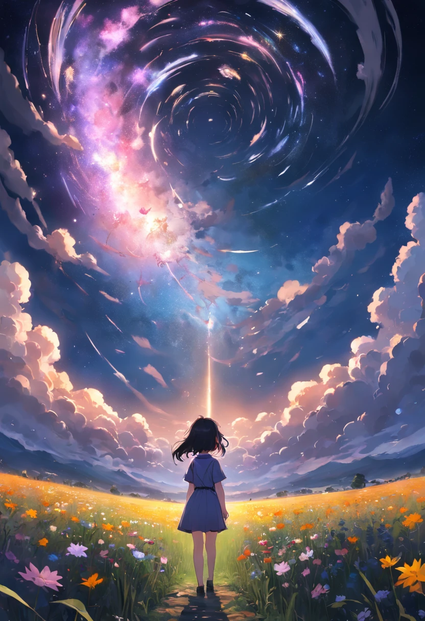 Expansive landscape photograph,(look from down,Above is the sky,Below are open fields),A little girl stood on a flower field and looked up,(moon full:1.2),(meteors:0.9),(Starcloud:1.3),Far Mountain, Tree BREAK making art,(Warm light source:1.2),(glowworm:1.2),lamp lights,Lots of purple and orange,Complicated details,(best qualtiy),4K,ultra - detailed,(dynamic compositions:1.4),detail-rich,plethora of colors,(Irridescent color:1.2),(with light glowing,Atmospheric lighting),dream magical,magical,(独奏:1.