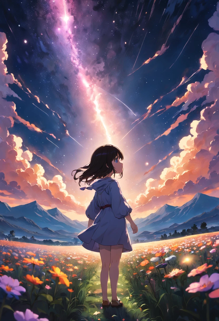 Expansive landscape photograph,(look from down,Above is the sky,Below are open fields),A stood on a flower field and looked up,(moon full:1.2),(meteors:0.9),(Starcloud:1.3),Far Mountain, Tree BREAK making art,(Warm light source:1.2),(glowworm:1.2),lamp lights,Lots of purple and orange,Complicated details,(best qualtiy),4K,ultra - detailed,(dynamic compositions:1.4),detail-rich,plethora of colors,(Irridescent color:1.2),(with light glowing,Atmospheric lighting),dream magical,magical,(独奏:1.