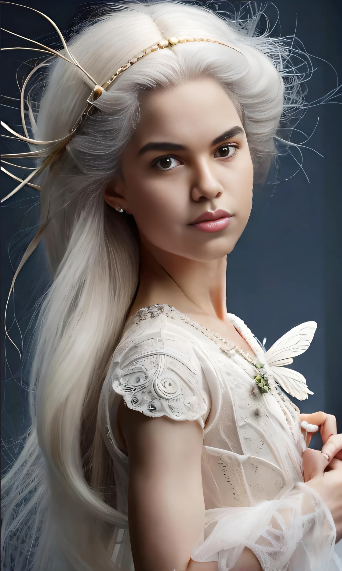 A closeup of a woman with a flower in her hand, cabelos brancos flutuando no ar, cabelo branco bonito, muito bonito elven top model, menina com cabelo branco, long white braided hair, longos cabelos prateados com uma flor, long flowing white hair, flowing white hair, beautiful elven princess, menina cabelo prateado, cor do cabelo branco, ethereal hair