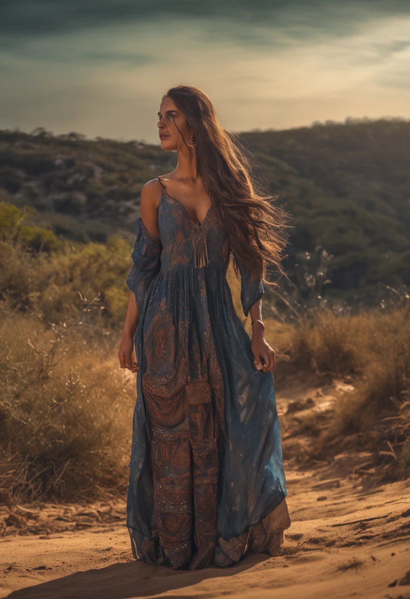 bruxa bonita, pele clara, long and light brown hair in braid, usando luvas pretas, Dark blue embroidered dress from the time of the American Old West, andando na rua de areia no centro da cidade, usando poderes de fogo e raio, a noite com lua vermelha, Very high detail, Very high image quality.
