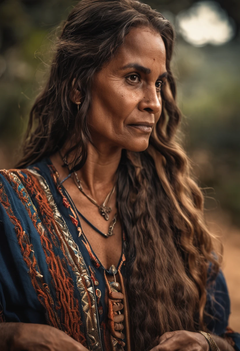 bruxa bonita, pele clara, long and light brown hair in braid, usando luvas pretas, Dark blue embroidered dress from the time of the American Old West, andando na rua de areia no centro da cidade, usando poderes de fogo e raio, a noite com lua vermelha, Very high detail, Very high image quality.