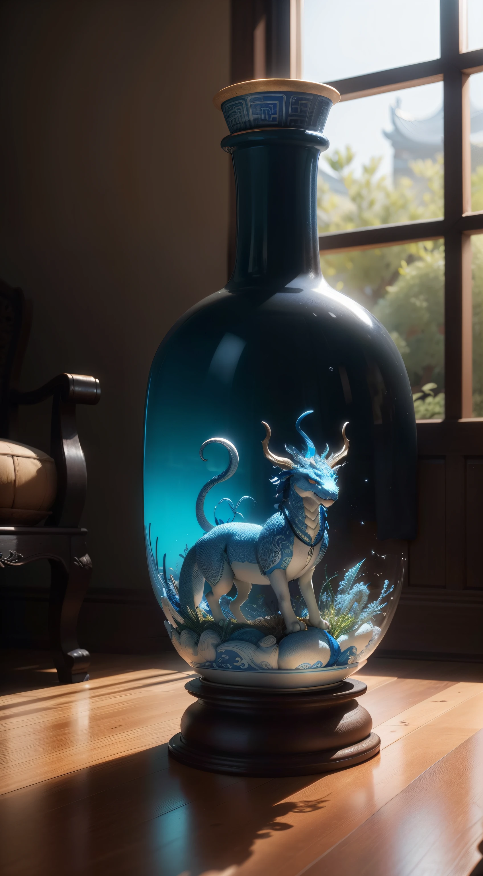 Ancient Chinese blue and white porcelain vase,Close-up of details,,Well-made porcelain vases,Sleek shape,A coiled dragon is carved around the bottle,Delicate blue and white enamel,The porcelain vase has a beautiful three-dimensional painting pattern,Porcelain white bottle,Convex three-dimensional pattern of blue lines,Intricate patterns of ancient animals and figures,Dazzling light,Elevation viewing angle,In the background is an old Chinese living room,Carved wooden coffee table,Features a layered depth of field effect(light and shadow effect),(Depth of field effect),(Tyndall),(Light particle tracing),(CG),(Cinematic lighting visuals),(Volumetriclighting),(Unreal 5),(cinema4d),(vivd colour),(Obvious layers),(Photography Award),(8k wallpaper),(Masterpiece),(best qualtiy), photorealestic,realisticlying