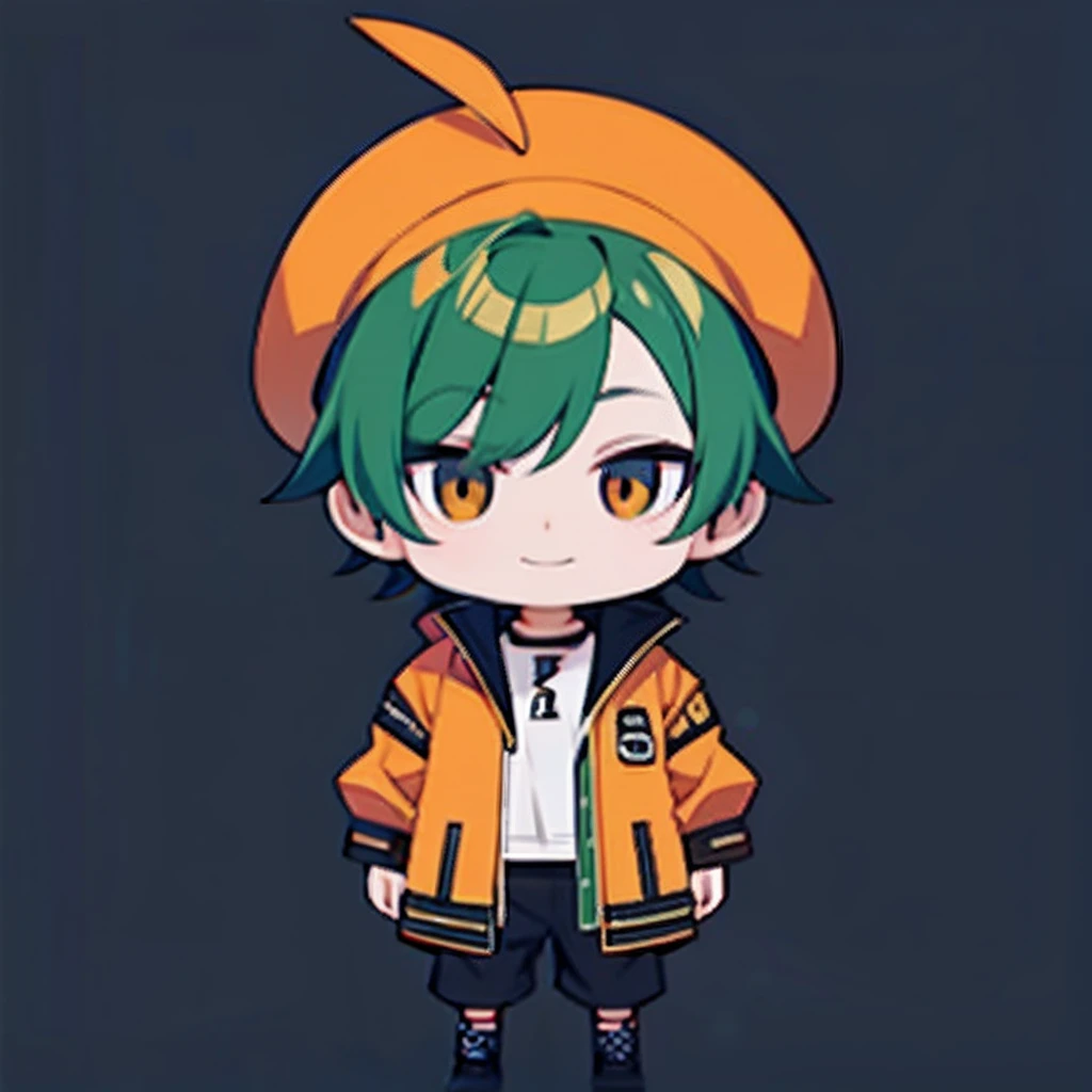 超A high resolution, Best aesthetic, Top quality depiction of the foot, Tangerine hat,Put on a jacket, black and yellow-green hair on the back,, Flat Avatar, Cool guy anime visuals, Cute art style, Chibi, short-haired, Ahoge, A smile, simple background, 耳环, jewely, side locks, large oval eyes,