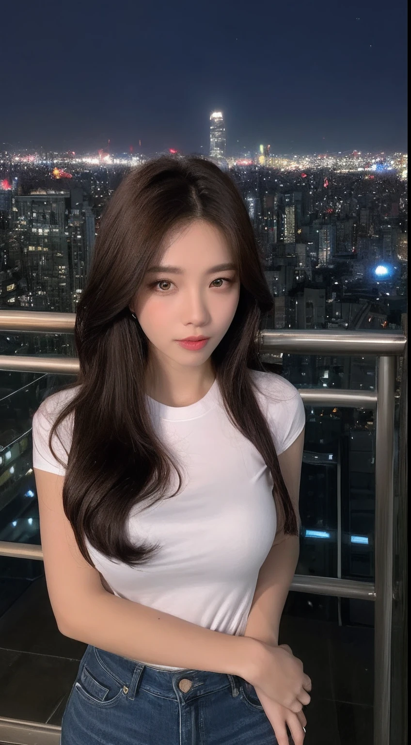 ((Midnight, Best quality, 8k, Masterpiece :1.3)), Whole body, Long legs, Sharp focus :1.2, A pretty woman with perfect figure :1.4, Slender abs :1.1, ((Dark brown hair, Big breasts :1.2)), (White tight tshirt, Jean bib, Standing:1.2), ((Night city view, Rooftop:1.3)), Highly detailed face and skin texture, Detailed eyes, Double eyelid