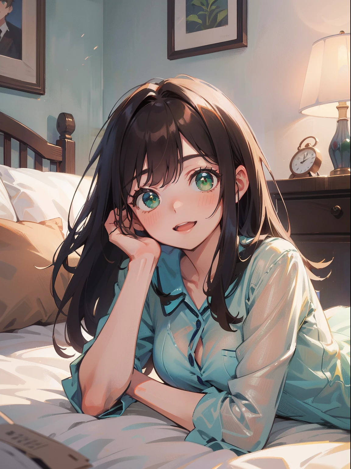 (masterpiece), best quality, beautiful detailed hair detailed face, ultra high res, sharp focus, ((1 woman, solo)), perfect feminine face, upper body, medium close-up, ((at night time)), in bedroom, ((lying on the bed)), sexy pose, (semi nude), ((beautiful shape eyes, green eyes)), chesnut brown hair, long hair, smiles, (blushing)