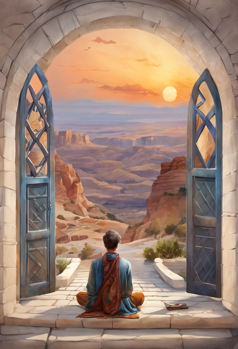 Mature men, sitting in a meditation position, In front of the beautiful Orissant, As the sun sets, Related to the sacred, Portrait photos, director: Drew Tucker, director: Adam Marchinski, director: Alexander Kucharisky, director: Gavin Nolan, 8K surrealism, director: Jason Felix, Yuri Shwedoff e Tom Bagshaw, illustrative art, Estello Eric Johnson