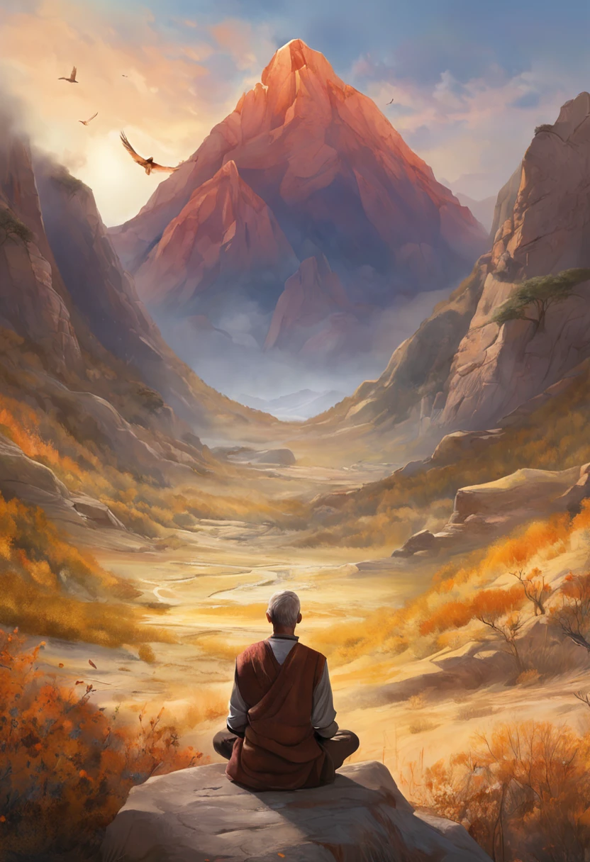 Mature men, sitting in a meditation position, In front of the beautiful Orissant, As the sun sets, Related to the sacred, Portrait photos, director: Drew Tucker, director: Adam Marchinski, director: Alexander Kucharisky, director: Gavin Nolan, 8K surrealism, director: Jason Felix, Yuri Shwedoff e Tom Bagshaw, illustrative art, Estello Eric Johnson