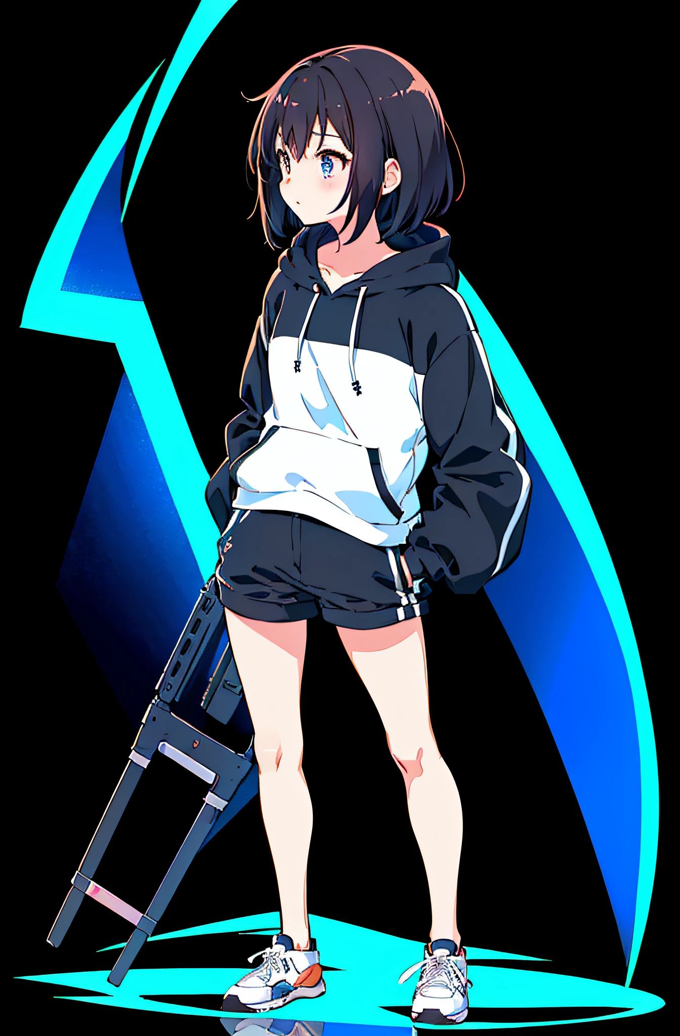 (((1 girl, Solo, Alone))),Look away, Not looking at the camera, (((solid black background))),(((Anime style, quadratic element, Simple Color Scheme))), , (Natural posture, Full body, Standing, Natural posture, upright posture), ((((Emphasis on image quality, top-quality, 8K, masterpiece, Ultra High Resolution)))), (crisp lines, Crisp Contours, Clean lines),((Anime, big eye, Deformation, Cute, Anime Character, It features a simple, Eye Highlight, Simple little nose, Less hair highlights, smooth lines)), (shoulder length hair、Dark hair)、((Wear a big black hoodie、Please wear black shorts and sneakers、Wearing black socks))、(boyish、real face、Cool)、