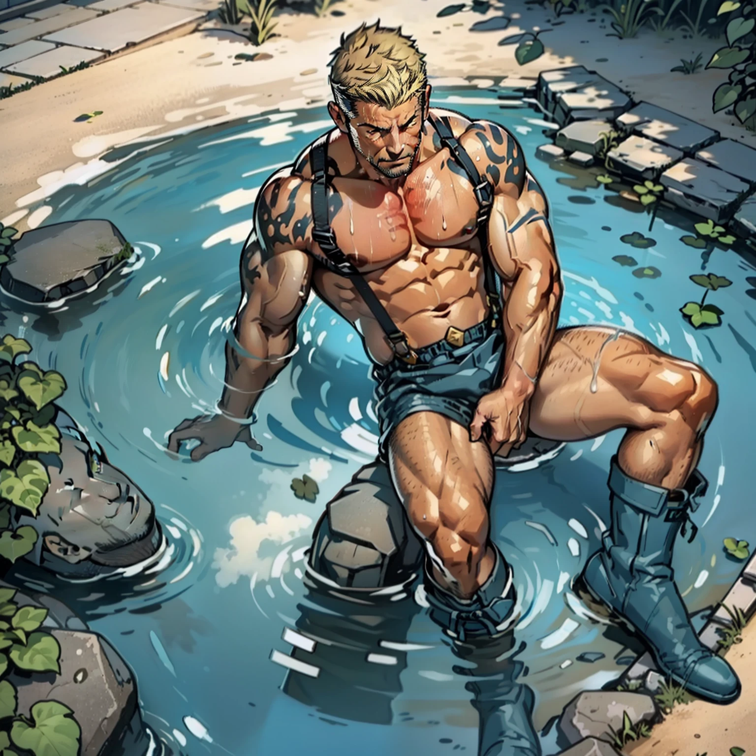 A muscular middle-aged male，45 yers old，vast pecs，Huge crotch bulge，Broad shoulders， upper body，plumber，Suspenders，frock，Martin boots，Indecent expressions，（lying on floor：1.5），（Repair water pipes：1.3），（Get wet all over your body：1.3），Shfrom top to bottom，facing to audience，outstanding，High picture quality，high detal，Bottom saturation，systemic，wide angles