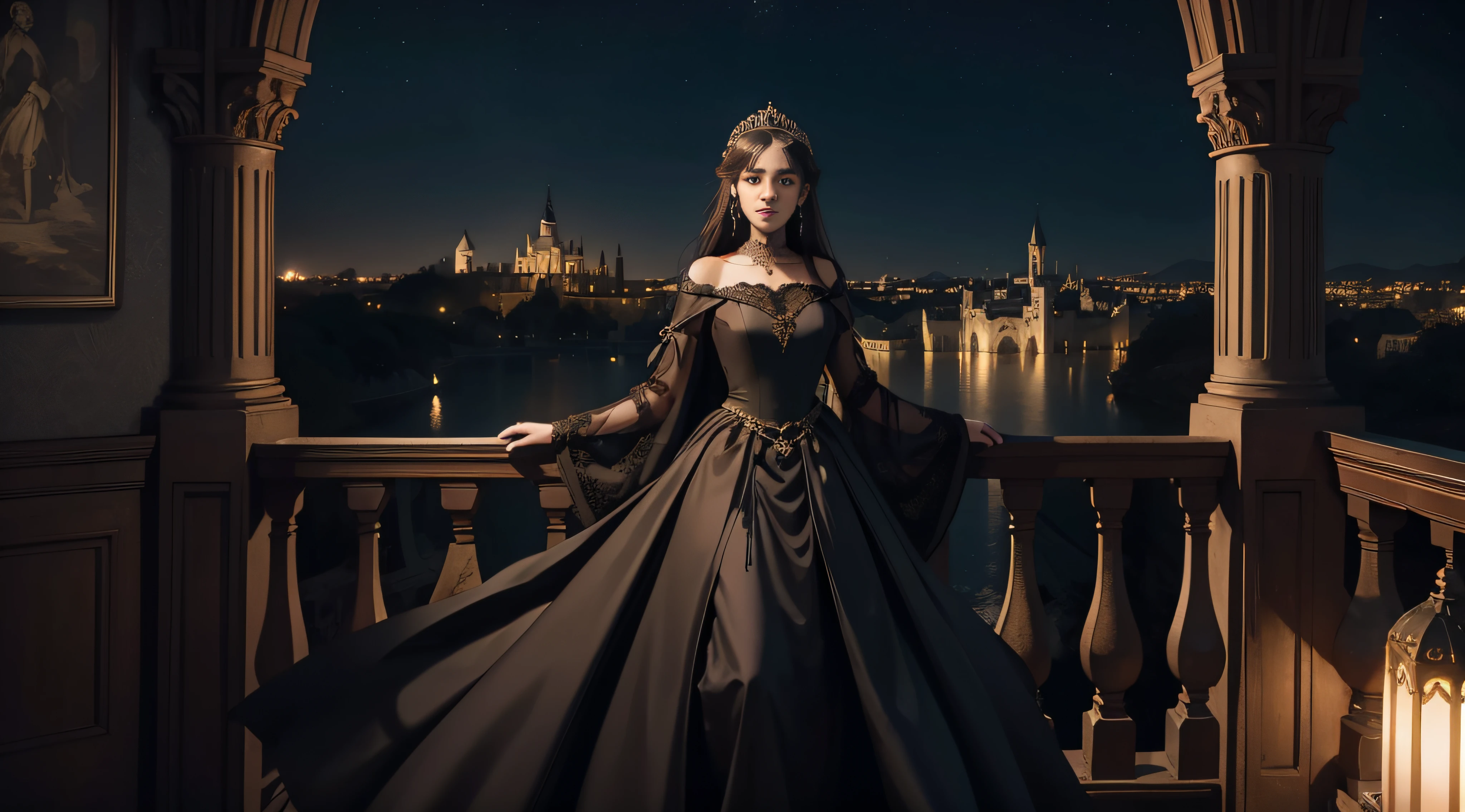 A princess wears a long dress in pure black，Leaning against the handrail of the palace windowsill，The background is the view of the entire country in the Middle Ages，The picture is beautiful，nighttime scene，Look at the camera, Place your right hand on your chest, And place your left hand on the balcony