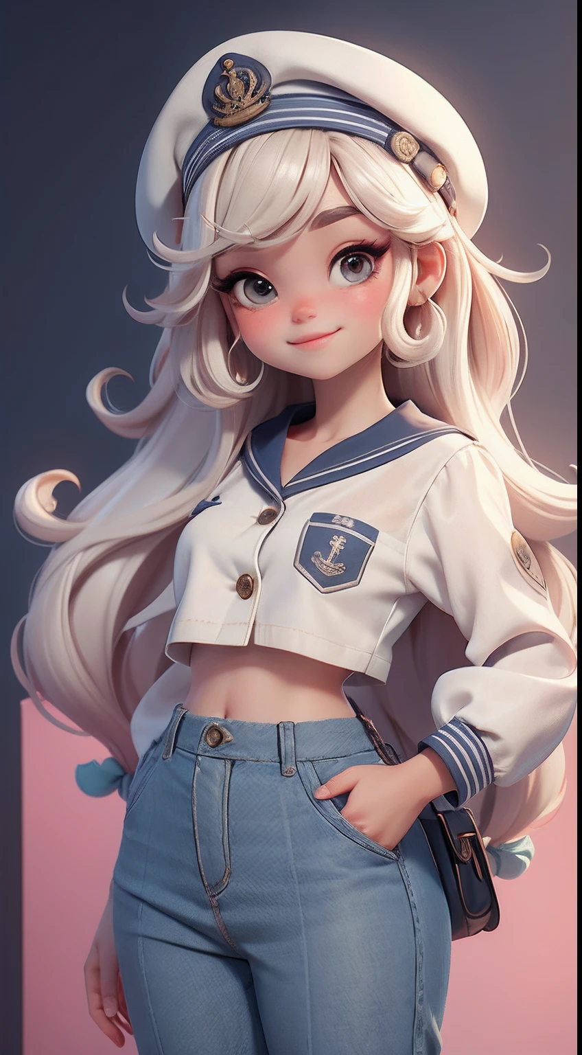 Create a series of cute cute chibi style dolls with a cute sailor theme, each with lots of detail and in an 8K resolution. All dolls should follow the same solid background pattern and be complete in the image, mostrando o (corpo inteiro, incluindo as pernas: 1.5)
Boneca Mini marinheiro: Chame-a de Marina. Ela deve ter cabelo pequeno em tom multicolorido. Seus olhos devem ser grandes e expressivos, with long eyelashes and rosy cheeks. Sorriso delicado e branco. Marina deve estar vestida com uma camisa, Camiseta, trousers and an ornate sailor's hat. She must hold navigation accessories. Certifique-se de adicionar detalhes nas roupas, such as buttons and pockets, sapato bonito
Certifique-se de adicionar sombras, texturas e detalhes nos cabelos, roupas, Safari utensils, to make them even more adorable and charming.