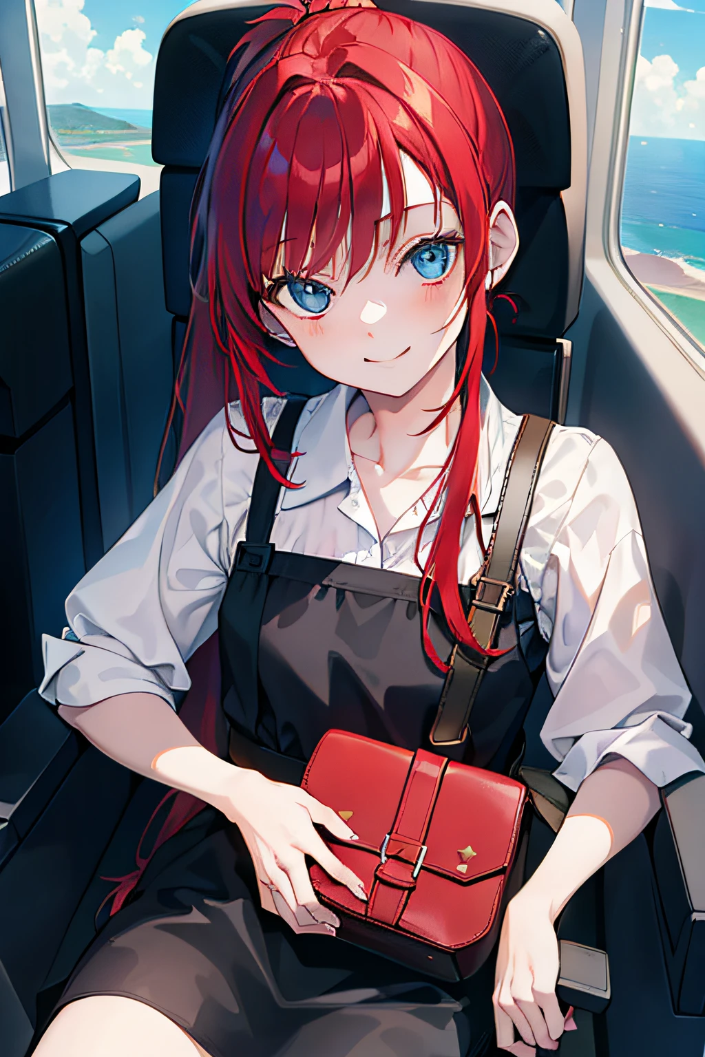 masterpiece, best quality, 1girl, (red hair), ((ponytail)), (bangs), (long hair), blue eyes, smiling, small smile, happy, sitting in an airplane seat, in the airplane, black picnic dress, with a bag, holding a bag, ((detail face))