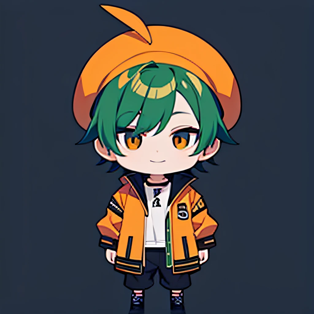 超A high resolution, Best aesthetic, Top quality depiction of the foot, Tangerine hat,Put on a jacket, black and yellow-green hair on the back,, Flat Avatar, Cool guy anime visuals, Cute art style, Chibi, short-haired, Ahoge, A smile, simple background, 耳环, jewely, side locks, large oval eyes,