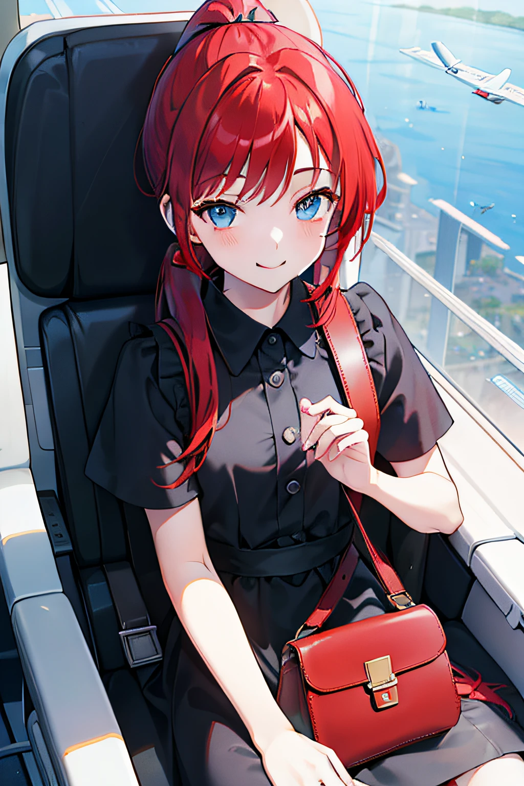 masterpiece, best quality, 1girl, (red hair), ((ponytail)), (bangs), (long hair), blue eyes, smiling, small smile, happy, sitting in an airplane seat, in the airplane, black picnic dress, with a bag, holding a bag, ((detail face))