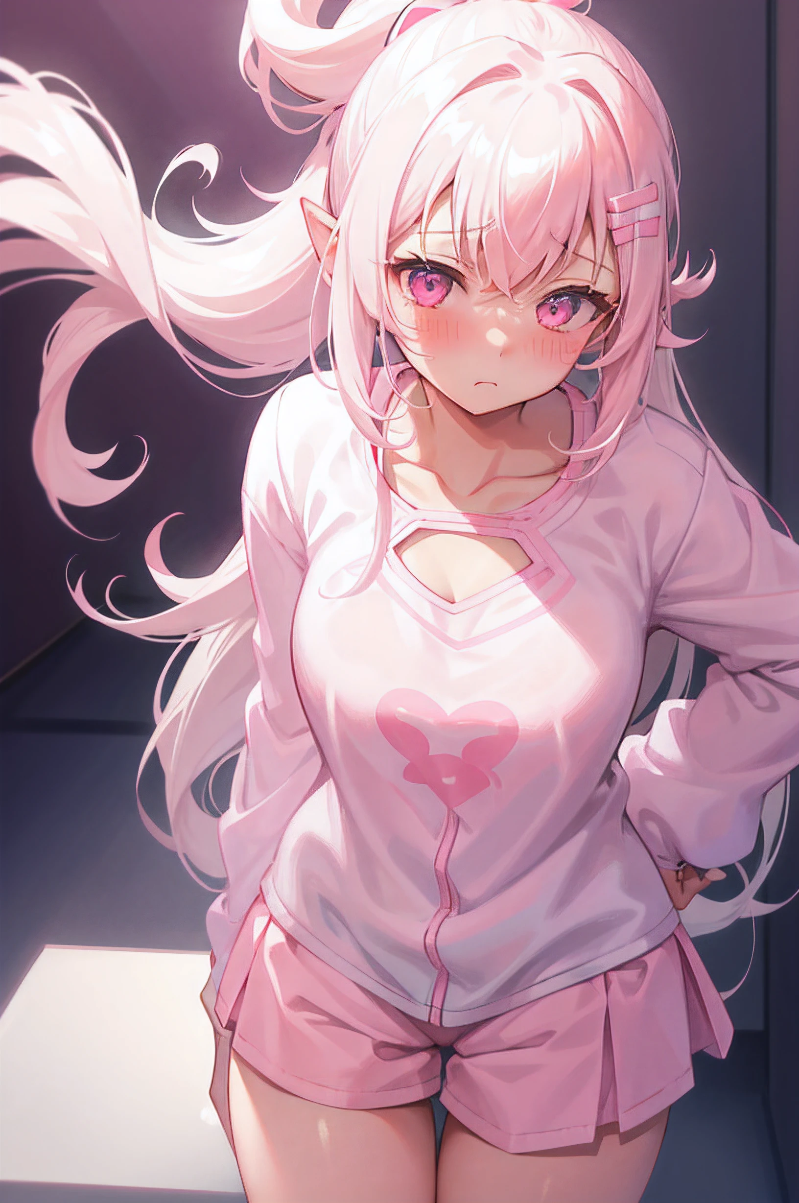 Little white socks, White high ponytail, Pink pajamas, Bigchest, White liquid, hair pin, Shy, Ear blush, Moaning, hearts in eyes, rough breath, Anime style, zoom layer, 1080p, A high resolution, ccurate, hyper HD, retinas, retinas, Masterpiece, Super detail, Anatomically correct, Textured skin