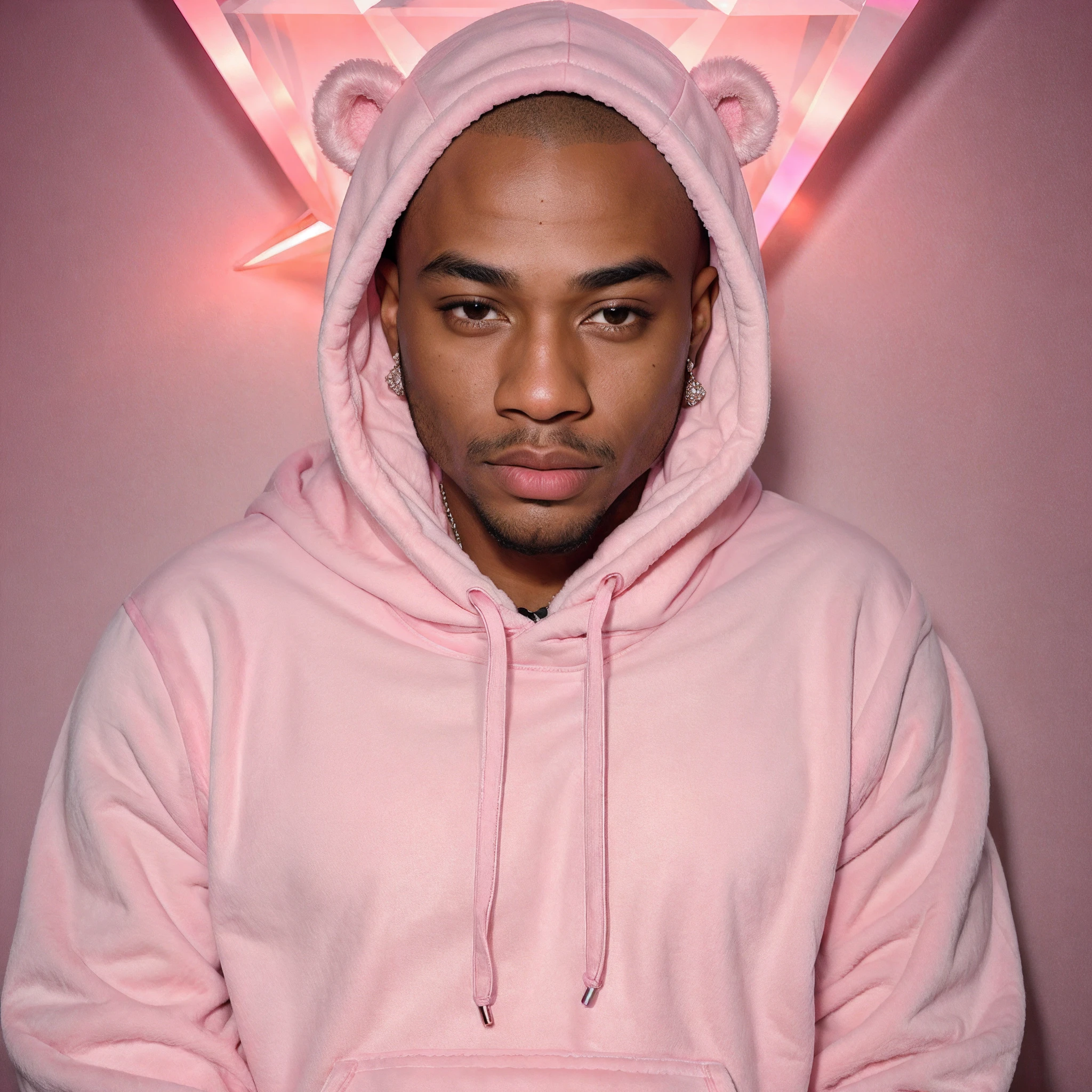 Young 24 year old african american man, medium bald fade, wearing pink teddy bear hoodie, rapper, insulting to viewer, ((diamond jewelry)), 8k uhd