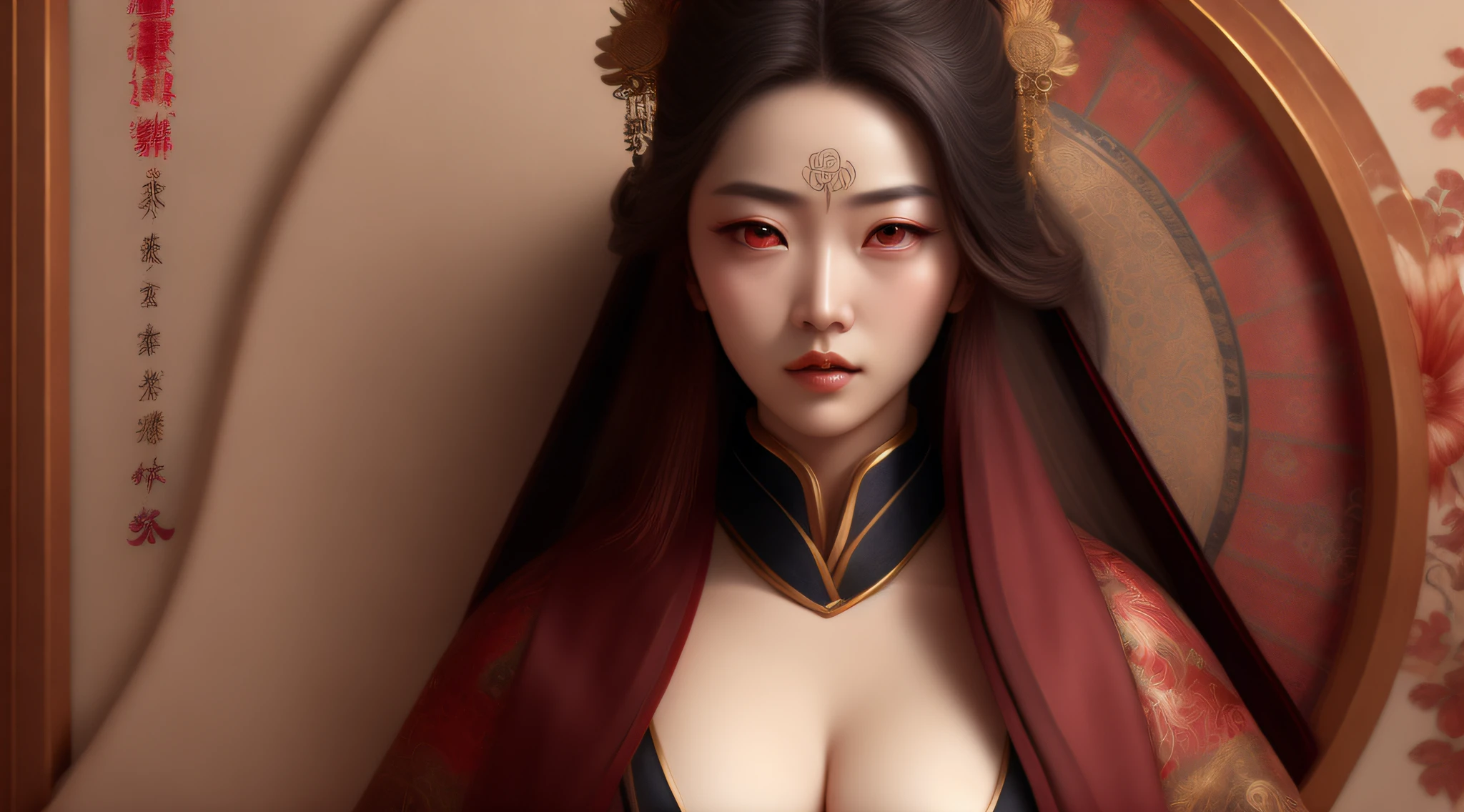 Eternal disaster,Canaan,anime woman,26 year old,Raised sexy,Hanfu,Dunhuang murals,Deep eyes,Red eyes,dark,China-style,3D,Textured skin,Ultra high quality,mito