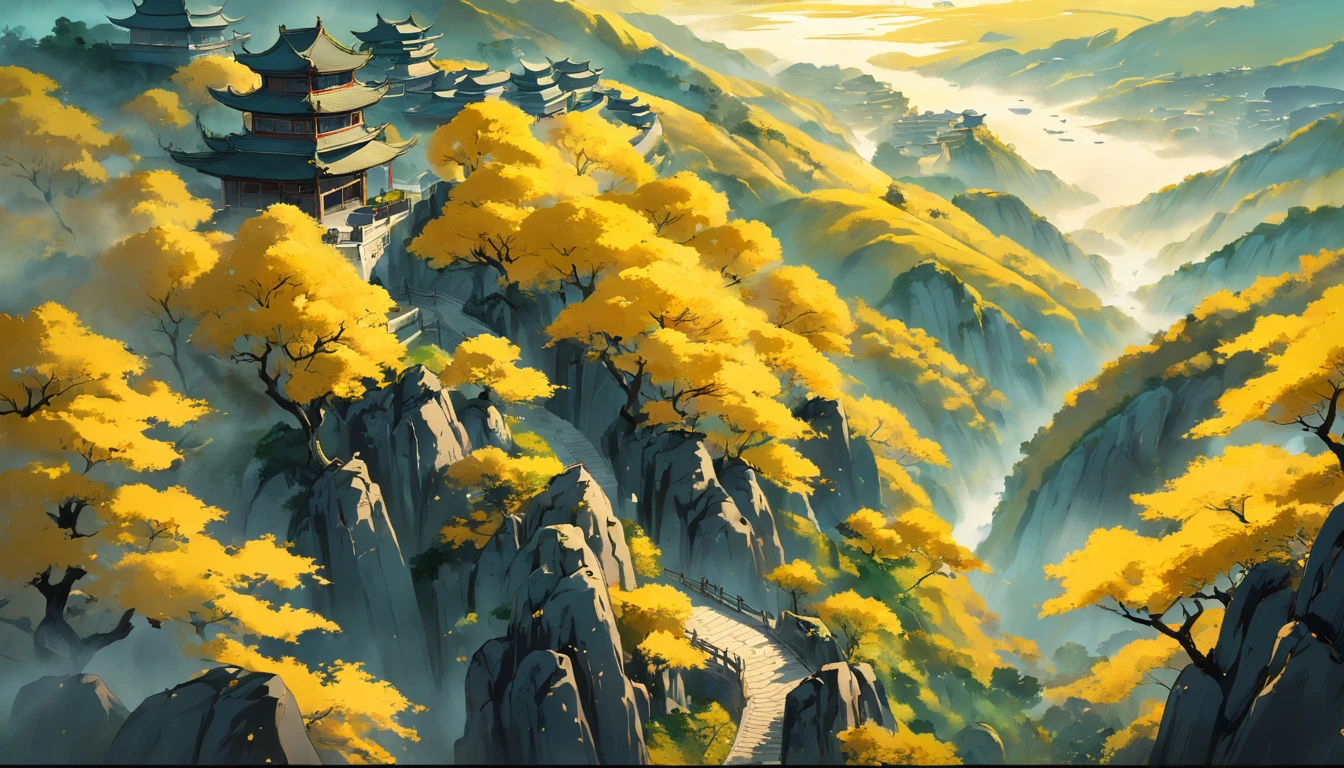Chinese Landscape Ink Painting High Angle Perspective OC Rendered Sculpture, yellow trees and green hills, morning vibes with sun in the sky, 4K