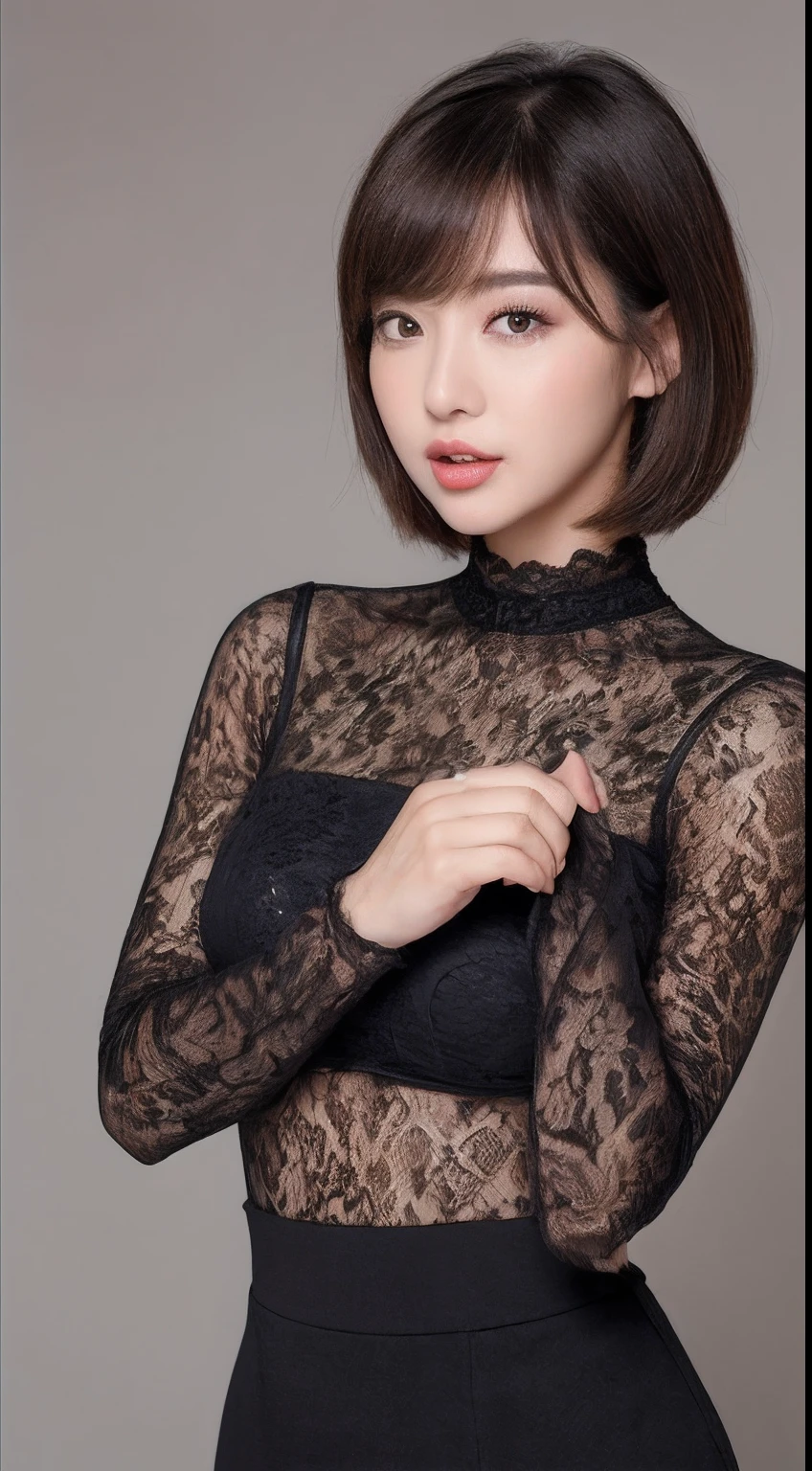 (A very cute 20 year old young woman from Japan.),  ((Fine hair that is somewhere between brown and blonde)), ((Short hair with messy side waves)),(((Slim and slender figure))), (((Clean your hands)))，(Curly Hair)，(((A very kind smile))), (((She is wearing black lace panties)))，(((she is wearing a pink knitted dress))) ((Highest quality, 16K, Tabletop: 1.3)), The light shines on your face, Highly detailed face, Highly detailed lips, Beautiful Eyes,