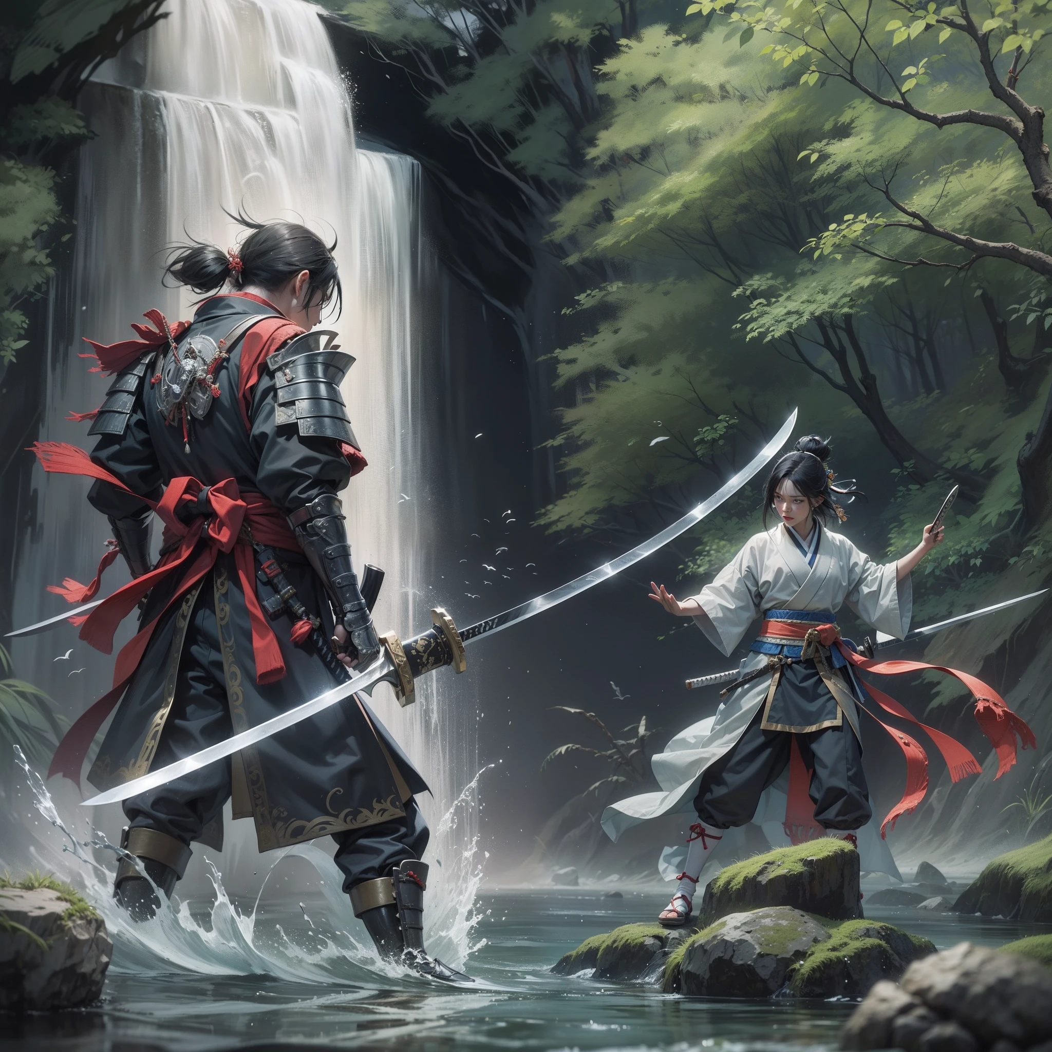 (Combate a muerte hombre vs mujer).Primer plano de un samurai cortando el agua con su katana,pelo largo y negro con una cicatriz en la frente de un corte,hombre adulto guapo,barba corta,exprecion de pas y tranquilidade fluyendo como el agua,maestro con la espada,samurai con kimono negro,espada super filosa y brillante,debajo de una cascada de agua,cascada con rocas y un rio,estilo anime,arte grafico,alta calidad,alta definicion,obra maestra,calidad profecional de dibujo,muchos detalles,colores definidos,lineas gruesas,