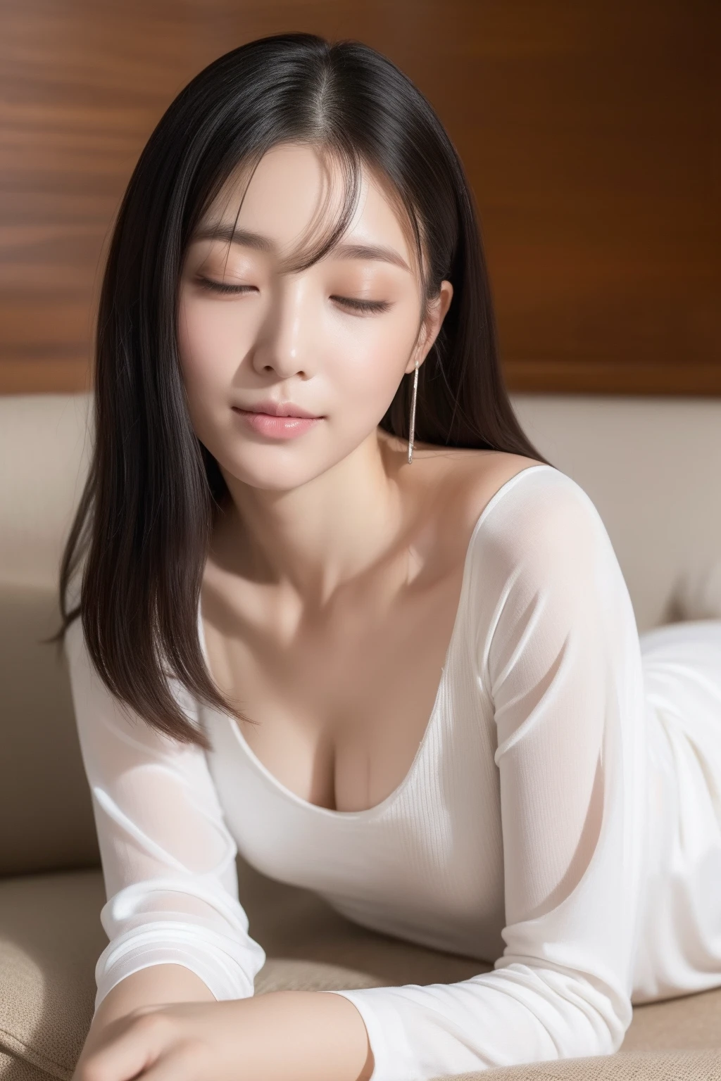 (8k,A high resolution,Very detailed faces,Detail and talent,full bodyesbian,动态照明,photography of)
Lazy woman slumped on the couch,Her appearance reveals a casual charm。She casually draped her long hair over her shoulders,A little messy but naturally accentuates her laid-back attitude。She closed her eyes slightly,Those eyes revealed a carefree look,As if there was not a trace of trouble that could disturb her tranquility。
Gently apply a light layer of foundation,It sets off her natural beauty。Apply a light layer of pink lipstick to the lips,Make her look softer and more amiable,It seems that you can smile charmingly at any time。
Wear a loose cotton shirt,The open neckline reveals her slender neck,With a touch of tranquility。The cuffs of the shirt are loose and drooping,Uninhibited to show her freedom。The bottom is a pair of loose slacks,The legs are slightly rolled up,Shows off her slender ankles。
She stepped barefoot on the sofa,Fiddling with the gentle satin in his hand without care,It seemed that nothing around her could break her leisureliness。She exudes a unique aroma,It was a little fresh floral and a touch of woody notes,Makes people feel comfortable and relaxed。
In detail,She wears several simple silver rings on her finger,Shimmering slightly,It adds a touch of delicate gorgeousness to her look。There was a book spread out beside her,It seems to have been immersed,Enjoy the thoughts brought by the words。