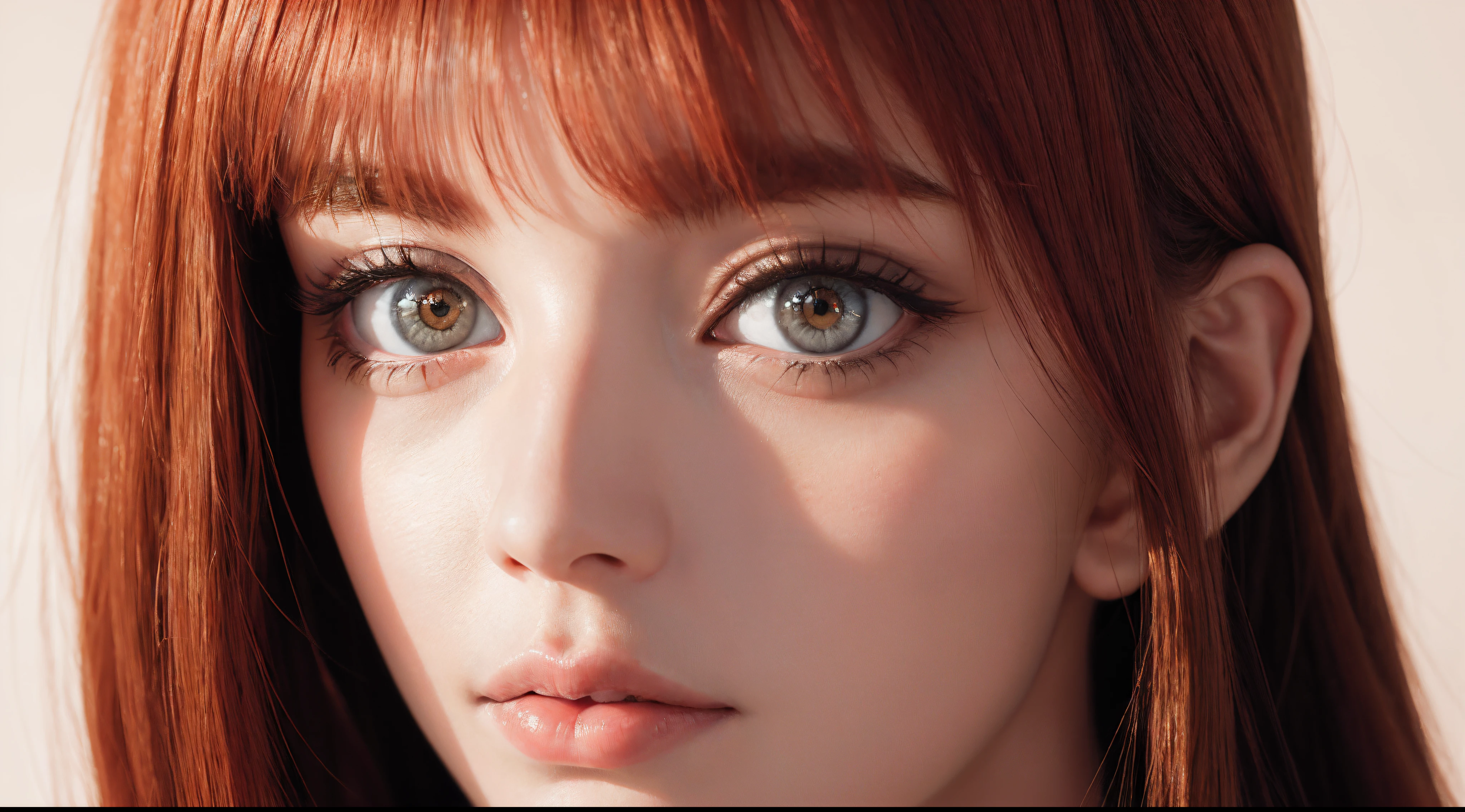 1girl, olho de estrela, corar, perfect lighting, red hair, olhos vermelhos, Motor irreal, side-lighting, Rosto detalhado, franja, pele brilhante, fundo simples, fundo escuro,