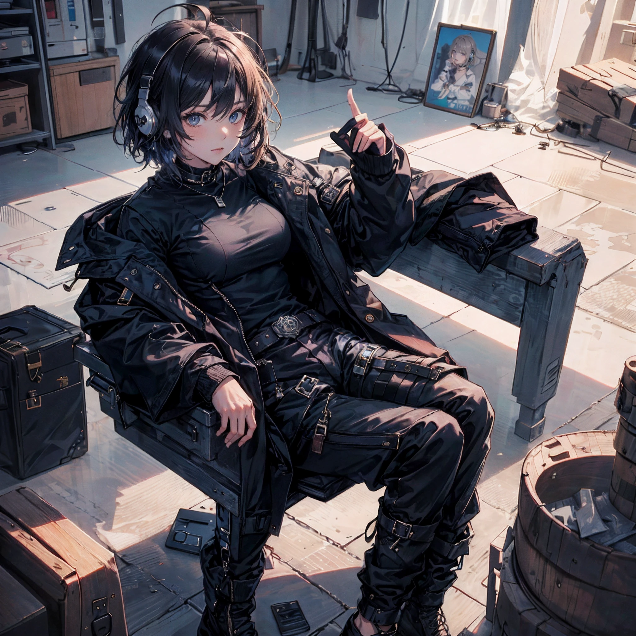 Best quality, Ultra-detailed, dolla, 1girll, Solo, short_Hair, undercut hair, Breasts, bangs, shirt, mitts, Long_Sleeves, Closed_Mouth, Jacket, full_Body, White_shirt, ahoge, Open_clothes, tiese, choker necklace, black_mitts, belt, collared_shirt, Pants, , black_Footwear, Open_Jacket, black_Jacket, , formal, black_Pants, suit,, purple_tiese, Earphone, Room, Indoors, (view the viewer:1.3),whaite hair
