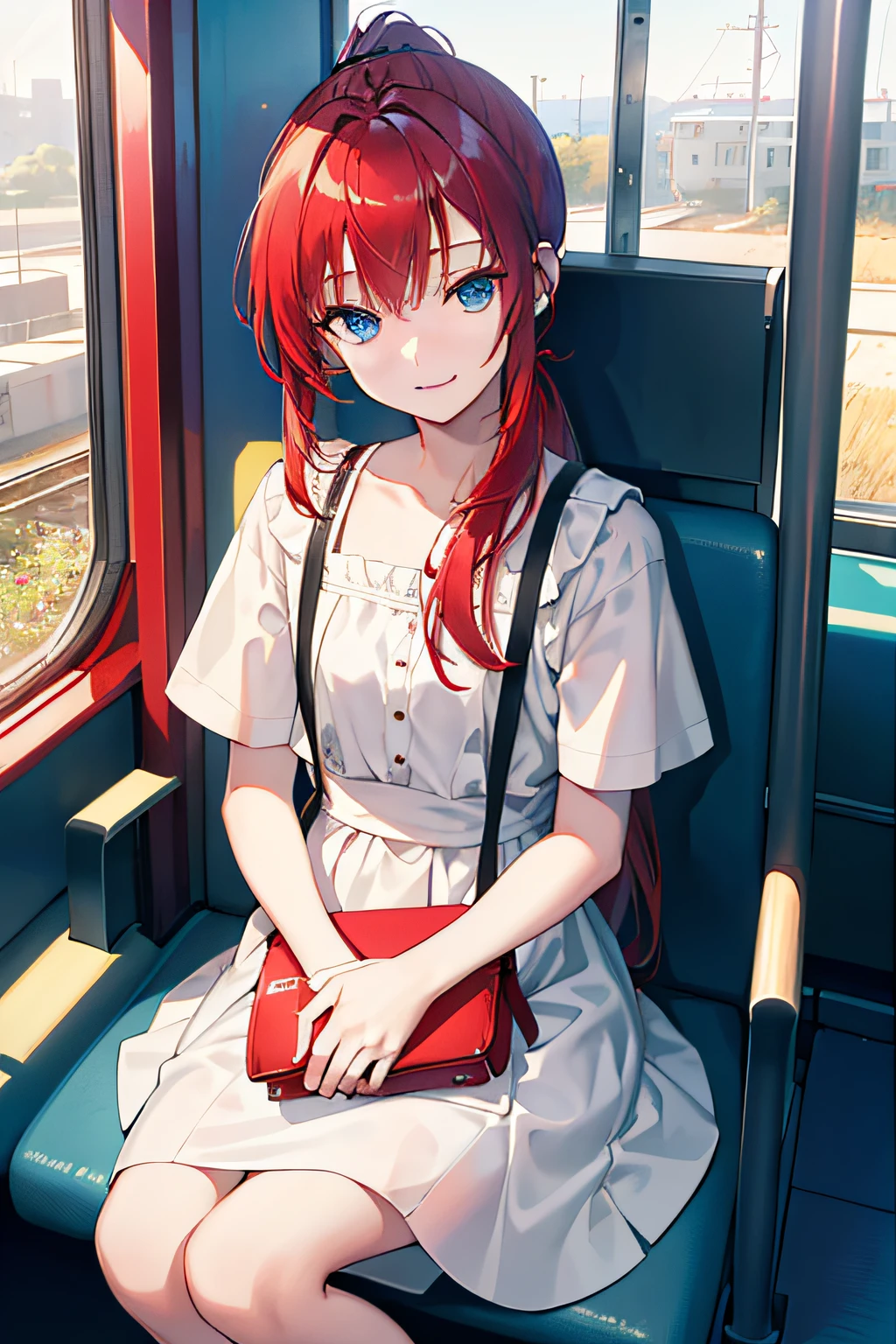 masterpiece, best quality, 1girl, (red hair), ((ponytail)), (bangs), (long hair), blue eyes, (small smile), happy, sitting in an train seat, in the train, white picnic dress, with a bag, holding a bag with both hands, ((detail face))