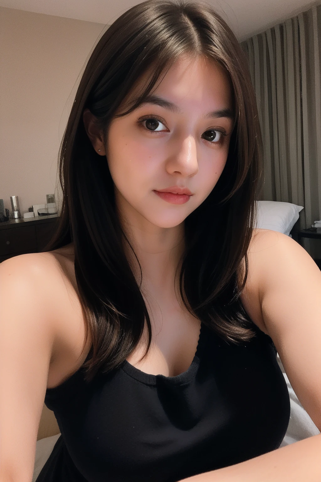 (masterpiece), (pov close up), best quality, masterpiece, (photorealistic:1.2), 1woman, vonzy selfie in bed, on sidepool at night, front view, realistic skin, (round face), curtain fringe messy hair, brown hair, human skin imperfection, blackout lighting