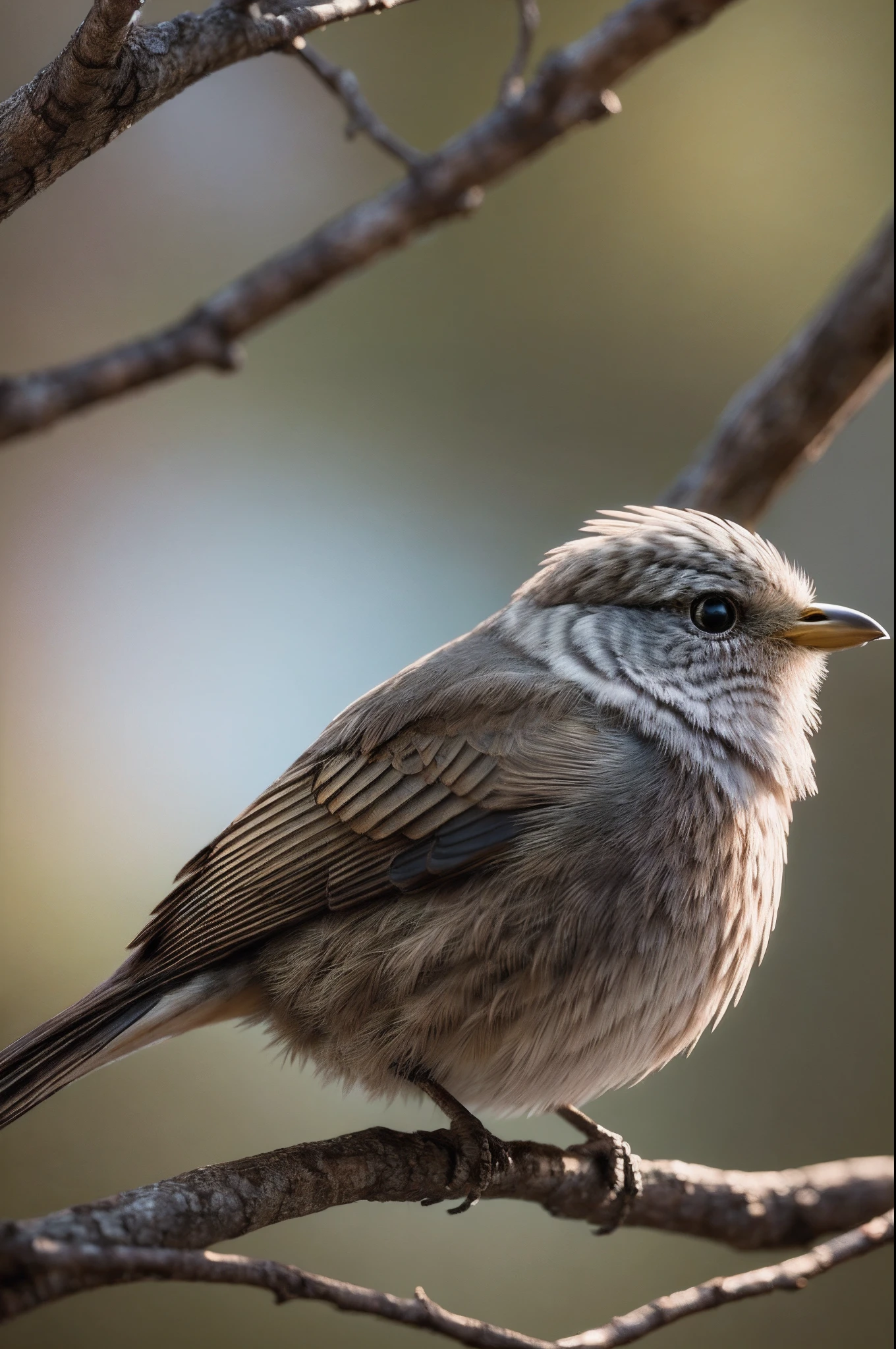 highly detailed, Close-up, Art, showcasing an adorable little fluffy bird with intricate shiny feathers and big expressive eyes, seated on a branch, sharp focus, hdr, faded and muted neutral triadic colors, oil painting, masterpiece, golden ratio, 32k, ultra hd, realistic, vivid colors, highly detailed, UHD drawing, pen and ink, perfect composition, beautiful detailed intricate insanely detailed octane render trending on artstation, 8k artistic photography, photorealistic concept art, soft natural volumetric cinematic perfect light