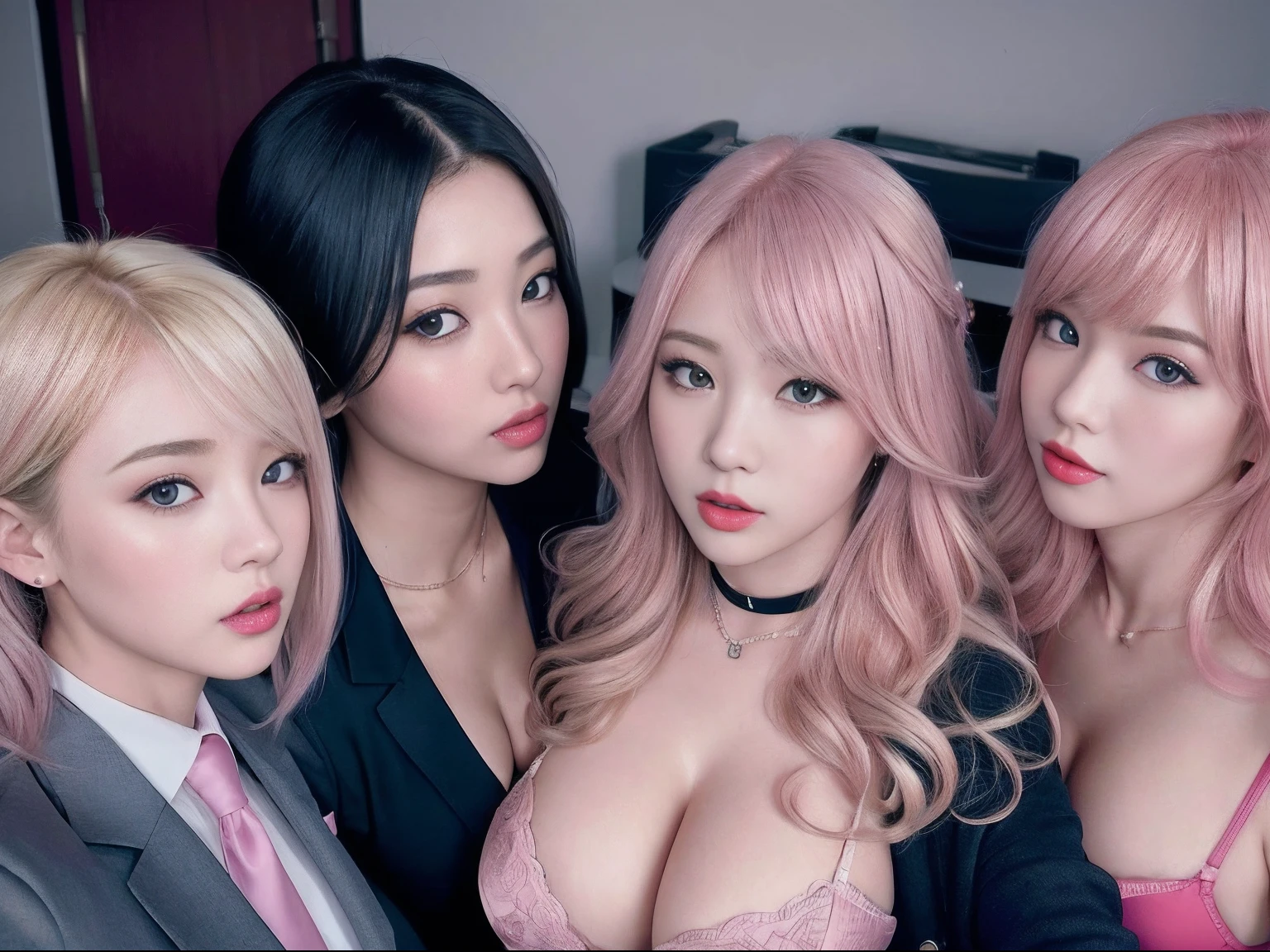 6 women、Chest huddled around the camera、25-years old、​masterpiece、top-quality、ultra-detailliert、raw、japanes、Blonde hair、Inner Color Hair Color、（Curvaceous:1.4）、（Smaller face:1）、makeup、（eye liner:1）、eyeshadows、Pink lip、gals、Farbe々Hairstyle、Big breasts、Suit jacket、Taking off your jacket、Suit pants、laced lingerie、Unconventional, Sexy appearance, s Office、（Looking at the camera:1.4）、（Looking into the camera from above:1.4）、Extreme close-up of chest