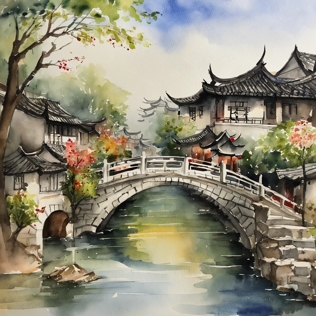 Jiangnan Water Town,small bridges,Smoke and rain,Pedestrians on the road,