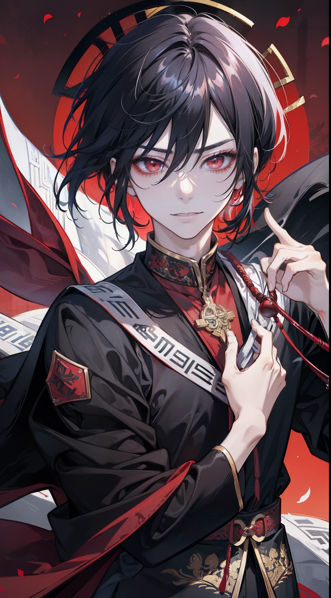 Hmong ager,Exotic,Witchcraft,Miaojiang boy,male people,Handsome,Hmong male,Ancients in red and black robes,Ancient wind,Black hair, black hair, crossed bangs, long hair, messy hair, floating hair, expressive hair, hair strand, tentacle hair, mole under eye, raised eyebrows, half-closed eyes, eyeball, glaring, tareme, red eyes, longeyelashes, light smile, evil smile, scowl, jitome, seductive smile, yandere, troll, fang, covering eyes, chin grab, evil, guilt, UHD, masterpiece, super detail, high details, high quality, 16k