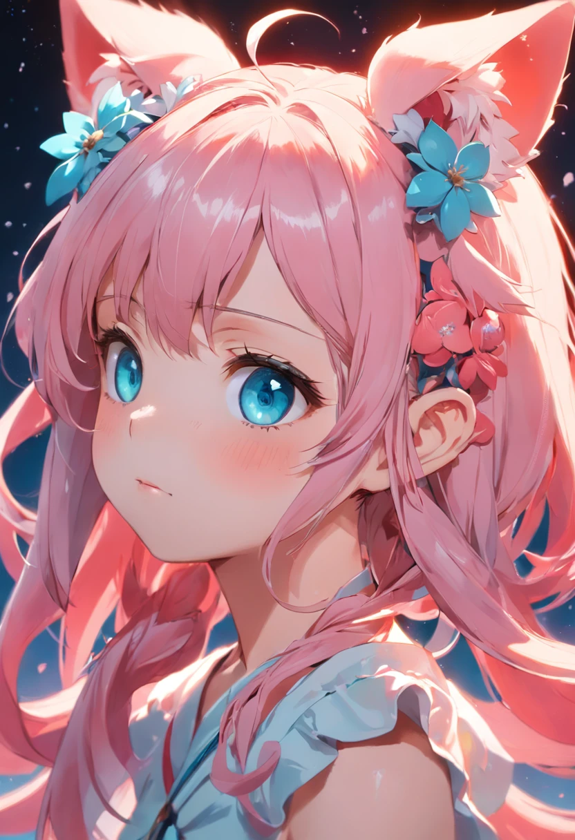 hair bobbles, wince, longeyelashes, solid circle eyes, fake animal ears, ear blush, fang, hair flower, Surrealism, drop shadow, anaglyph, stereogram, tachi-e, pov, atmospheric perspective, sparkle, 8k, super detail, ccurate, best quality