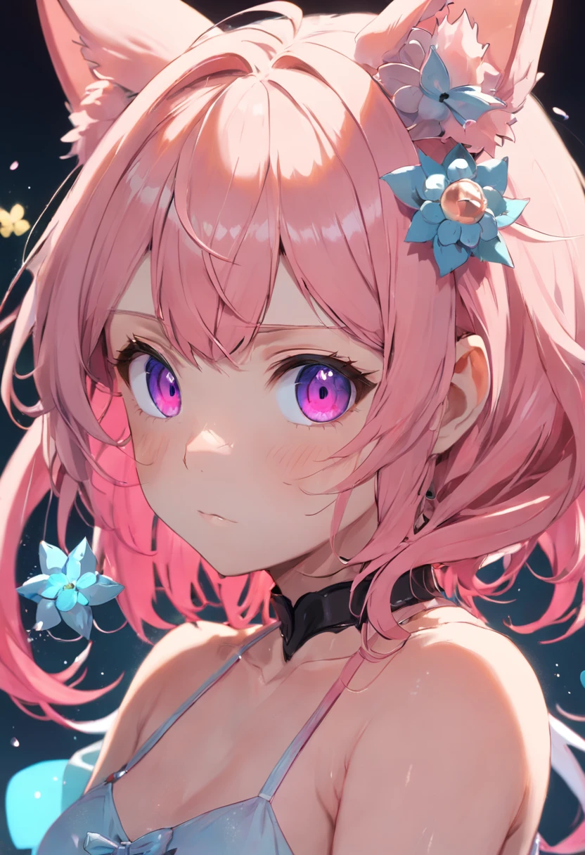 NSFW, Cow print bikini, Cowbell,On all fours、doghouse、 farm、Elementary school girl、7-year-old girl,Transparent pink short hair、Big Mouth、Very beautiful and Shining Eyes、Shining Eyes、1 girl、Large Breasts