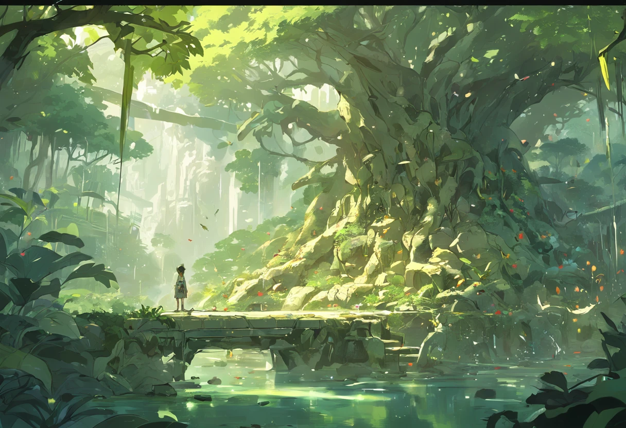 Detailed and intricate digital illustration of a dense jungle full of exotic plants and animals, sunlight filtering through the canopy to create a mottled effect. Amano and Miyazaki's style, masterpiece, proportions, a large stone in the middle of the water, beautiful lighting, realistic, complex, award-winning, 4k, highest quality award-winning, 4K digital painting in the style of Yoshitaka Amano. A detailed and complex depiction of the zombie apocalypse, subtly capturing the chaos and drama of the scene. Beautiful lighting and cinematic composition make this piece a true masterpiece, popular on ArtStation,fantasy,ship wreak, ancient temple,temple,Village in the middle of a valley Pig house built on a tree People and dragons live together.
