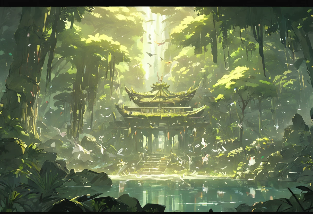 Detailed and intricate digital illustration of a dense jungle full of exotic plants and animals, sunlight filtering through the canopy to create a mottled effect. Amano and Miyazaki's style, masterpiece, proportions, a large stone in the middle of the water, beautiful lighting, realistic, complex, award-winning, 4k, highest quality award-winning, 4K digital painting in the style of Yoshitaka Amano. A detailed and complex depiction of the zombie apocalypse, subtly capturing the chaos and drama of the scene. Beautiful lighting and cinematic composition make this piece a true masterpiece, popular on ArtStation,fantasy,ship wreak, ancient temple,temple,Village in the middle of a valley Pig house built on a tree People and dragons live together.