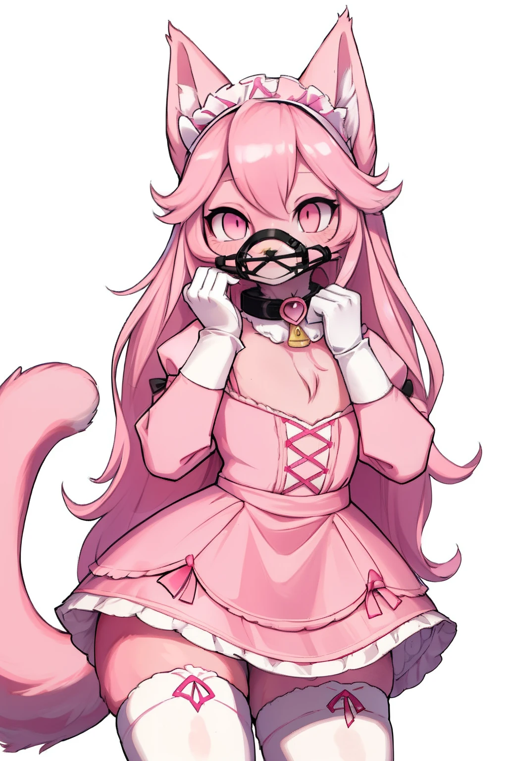 Master piece, perfect, highly detailed, (little hibryd anthro cat femboy), fluffy pink fur, ((pink eyes)), ((1))fluffy cat tail, pink long hair, tiny chest, (pink cat ears), wearing a pink collar, pink maid dress, silk white gloves, silk white thighhigh socks, wearing a pink muzzle, truemuzzle, eyesgod, niji, eyesgod, niji,