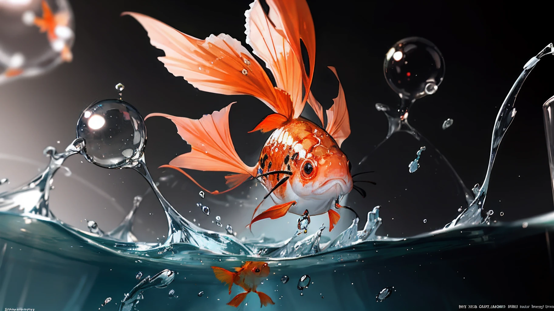 Colorful goldfish in a drop of water majority To pop Fantastically