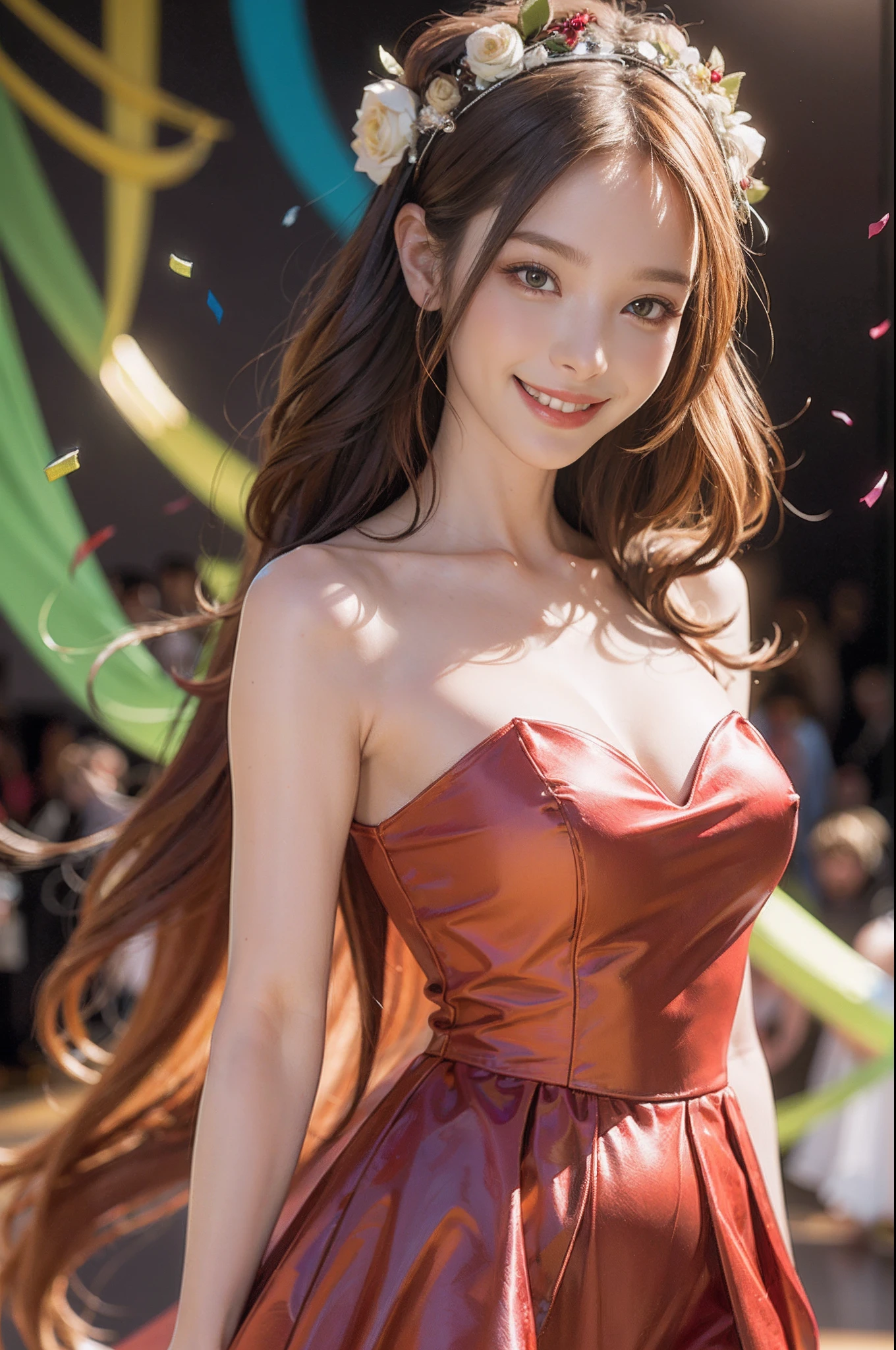 1girl in, (Smile:1.6) ,stunningly beautiful girl, full bodyesbian,Haute_Couture, designer dress, high fashion, dynamic ungle, fashionshow, (Runway:1.4),Long shaped face, beautiful countenance, darkred eyes, Sandy Blonde Side Sweep Hair, Short hair, Long ringlet, catwalk,Red carpet,Colorful confetti, Vivid colors, masutepiece, Best Quality, absurderes, Highest Quality, Amazing details, 8K, Aesthetic,Perfect Lighting,