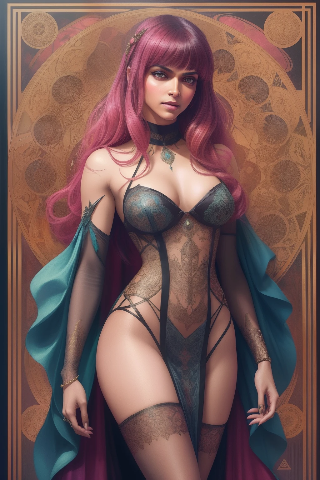 Deepika Padukone as Vampirella, full body length standing of a photorealistic beautiful woman, proportionate, intense coloration fantasy, light hair, a stunning realistic photograph 20 years , bubblegum pink colored hair, upper class fashion, random color eyes, full body, cover, dress design has fractal and tiling features, hyperdetailed painting, luminism, octane render, Bar lighting,  complex, {{Martin Ansin}}, 8k resolution concept art portrait by Martina Fačková and Prywinko Art, Artgerm, WLOP, Alphonse Mucha, little fusion pojatti realistic steampunk, fractal isometrics details bioluminescence :  hypereallistic cover photo awesome full color, hand drawn, dark, gritty, realistic mucha, klimt, davinci, erte .12k, intricate. hit definition , cinematic,Rough sketch, mix of bold dark lines and loose lines, bold lines, on paper , real life human, bold colors on dresses,
